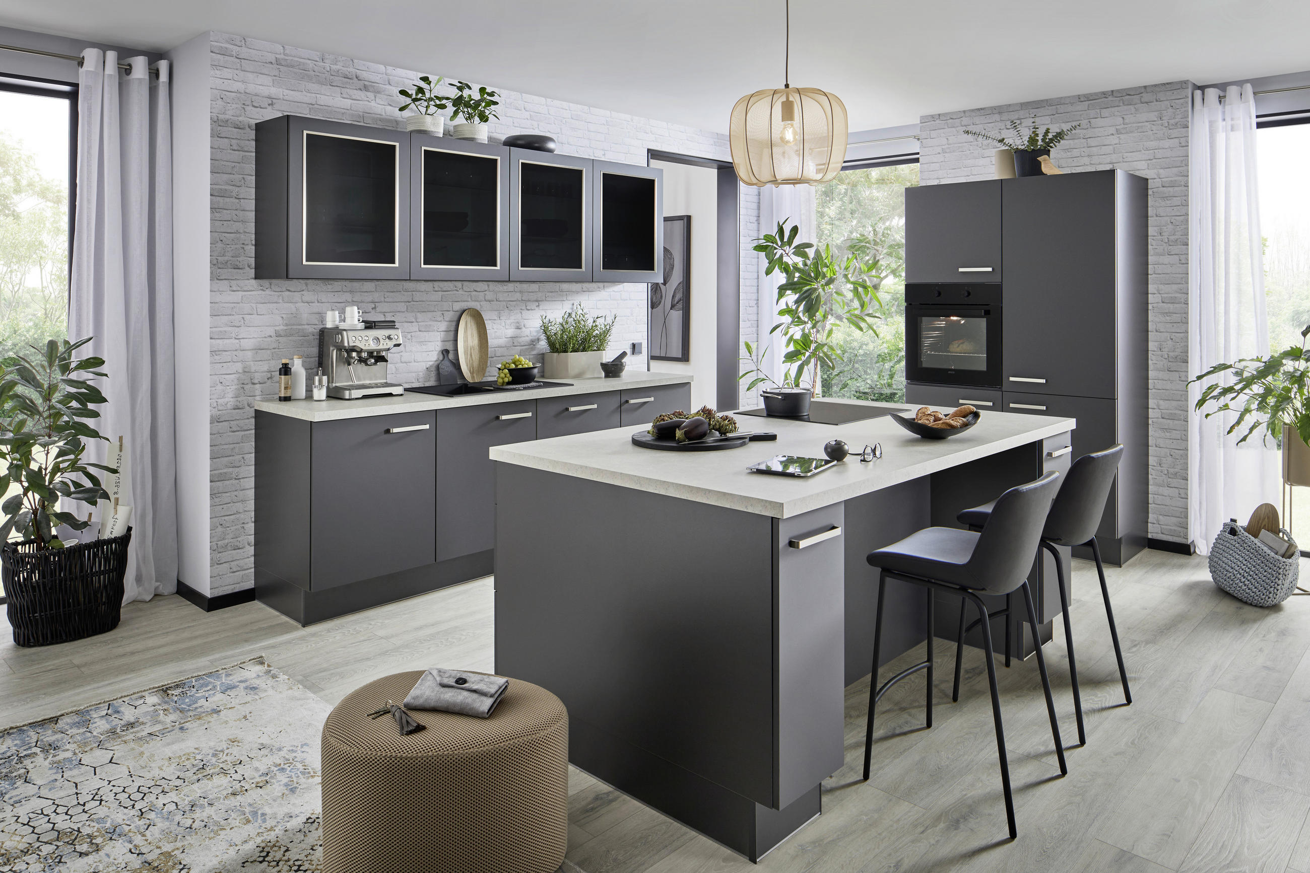 ECKKÜCHE 240/120 cm  in Graphitfarben  - Sandfarben/Edelstahlfarben, KONVENTIONELL, Glas/Holzwerkstoff (240/120cm) - Venda