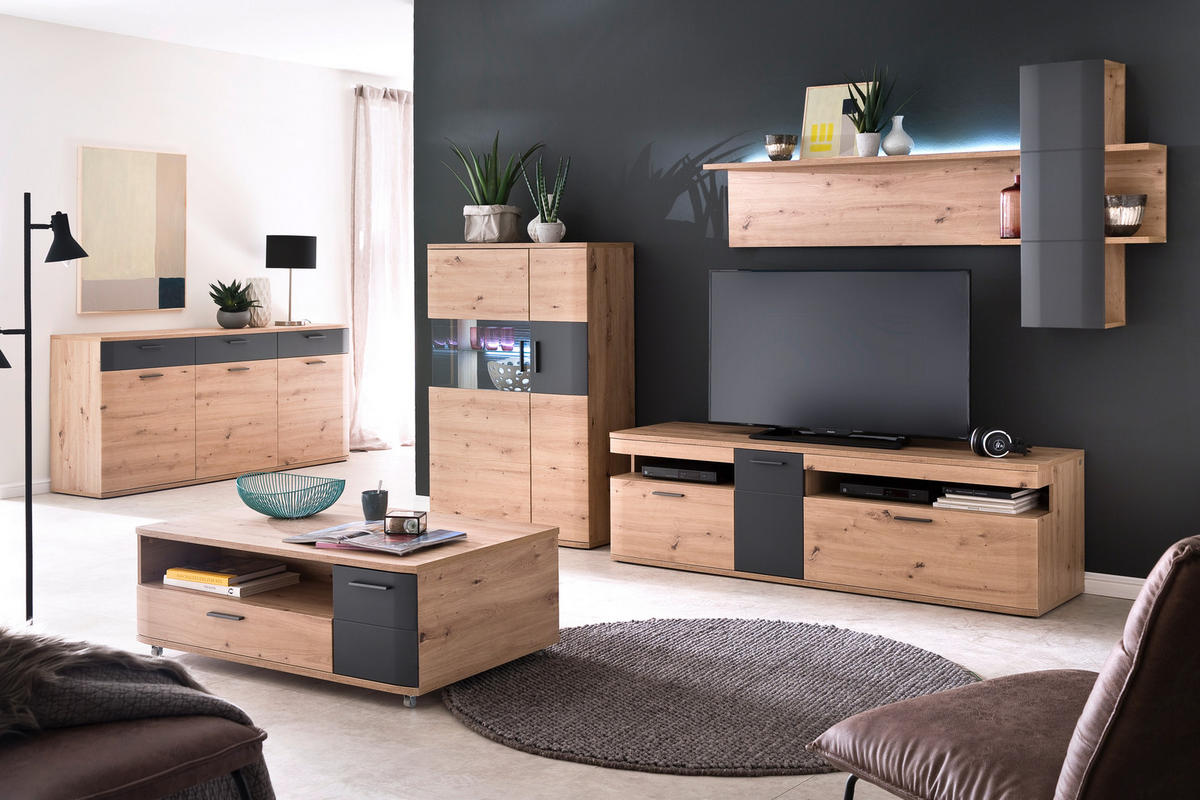 WOHNWAND  in Anthrazit, Klar, Eichefarben  310/198/50 cm  - Klar/Eichefarben, Design, Glas/Holzwerkstoff (310/198/50cm) - Livetastic