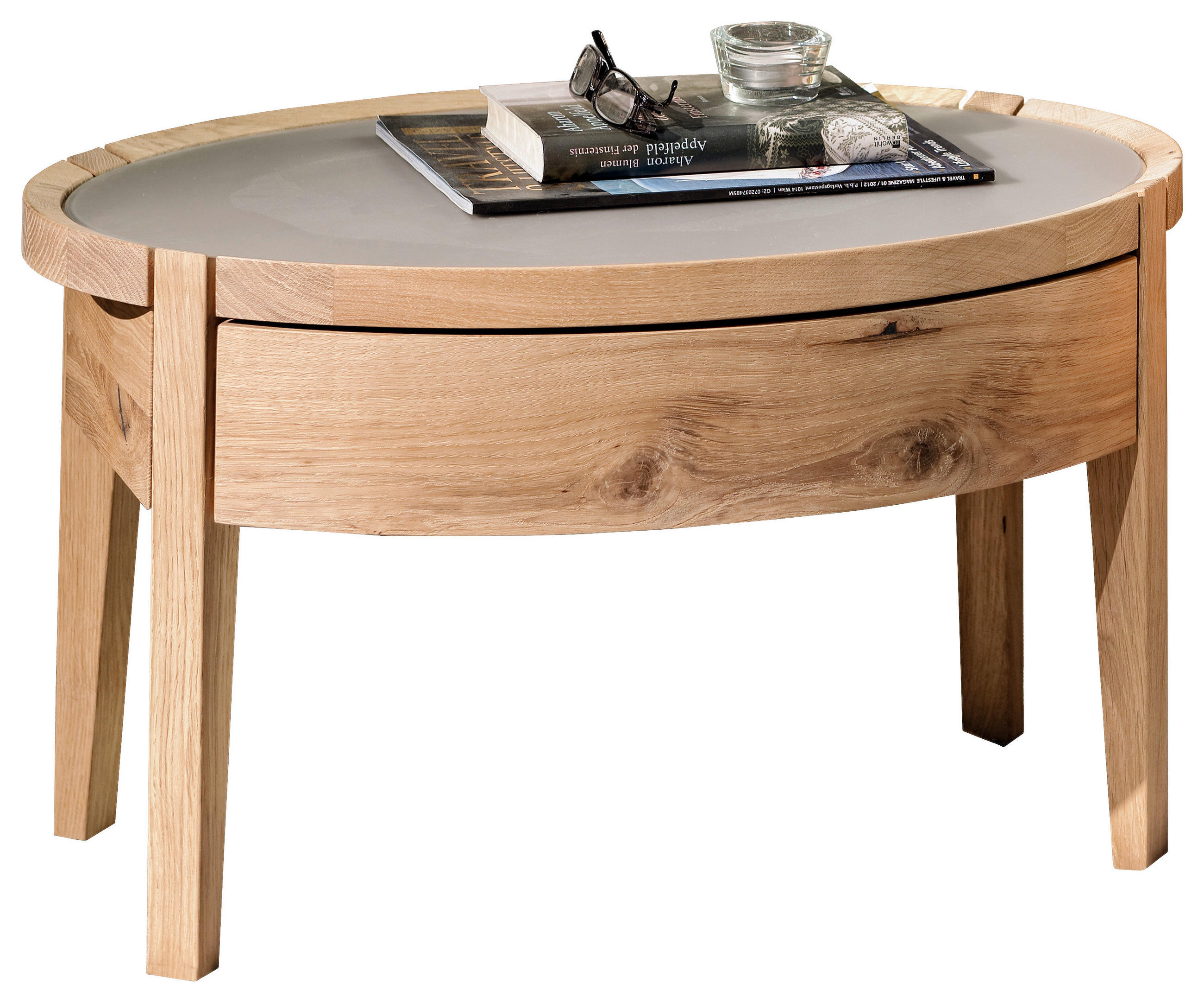 NACHTKÄSTCHEN 65/40,3/43 cm  in furniert, mehrschichtige Massivholzplatte (Tischlerplatte) Wildeiche Grau, Eichefarben  - Eichefarben/Grau, Natur, Glas/Holz (65/40,3/43cm) - Voglauer