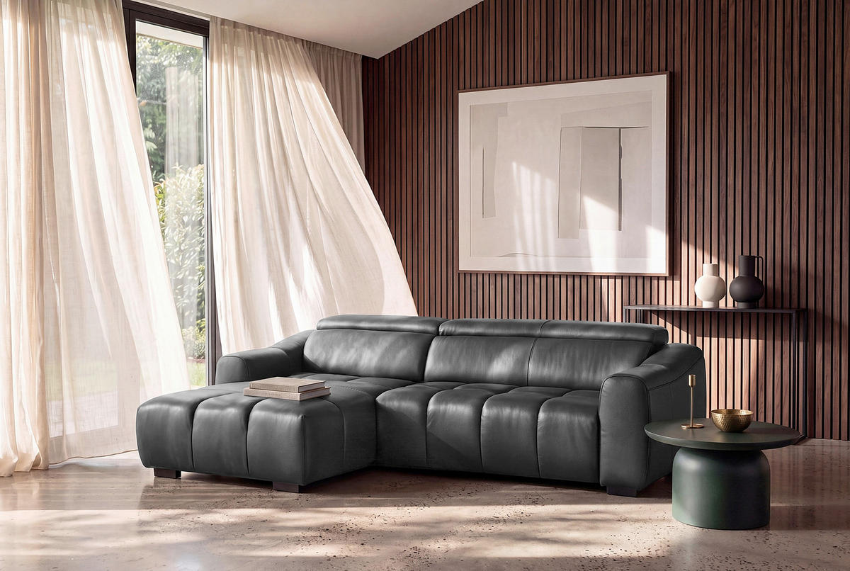 ECKSOFA AVEIRO Anthrazit Echtleder Bettkasten, Kopfteilverstellung, Sitzvorzug  - Anthrazit/Schwarz, Design, Leder/Kunststoff (177/274cm) - Livetastic