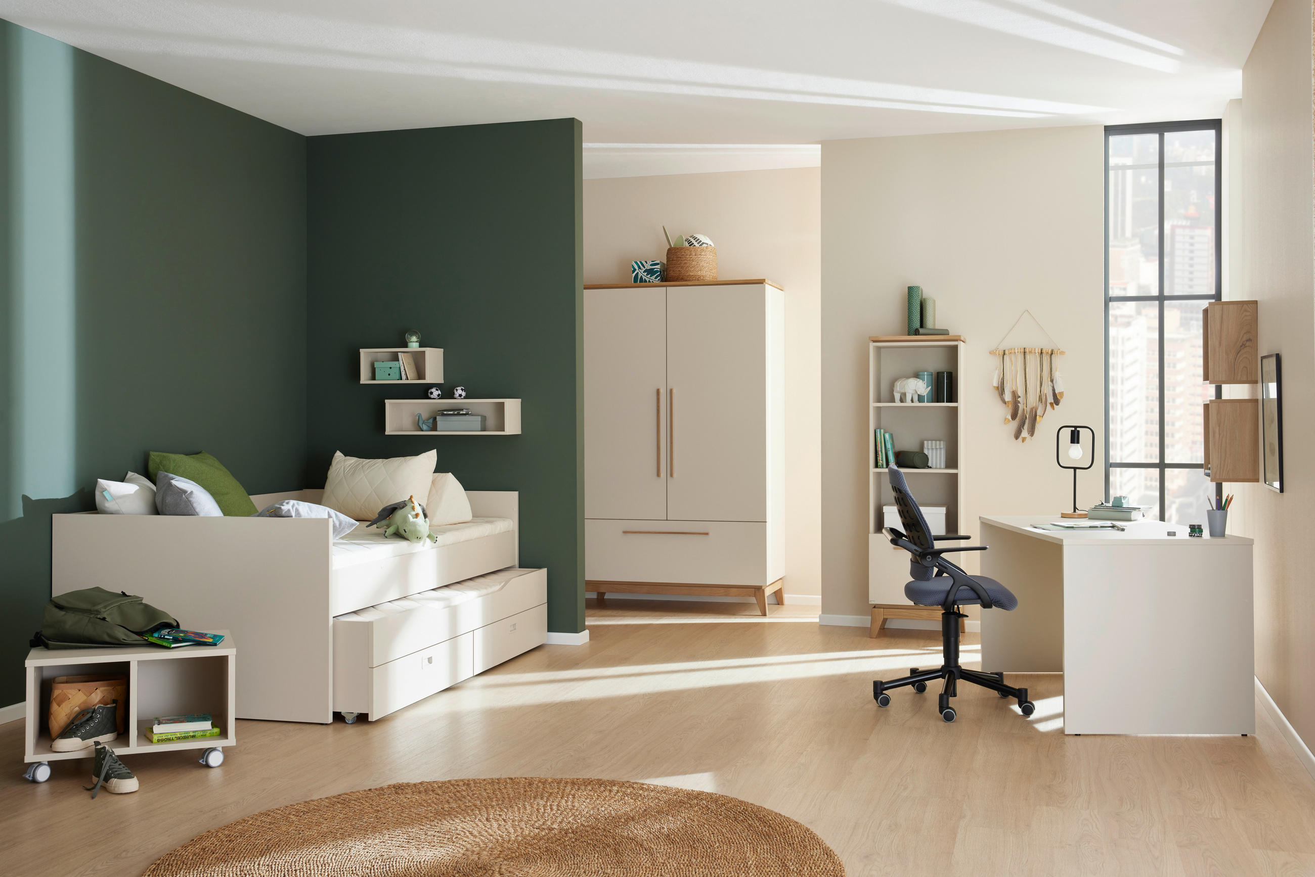 Thumbnail - Paidi Babykleiderschrank Stiene, Eiche, Beige, Holzwerkstoff, 4 Fächer, 1 Schubladen, 123.30x200.00x57.20 cm, Blauer Eng...