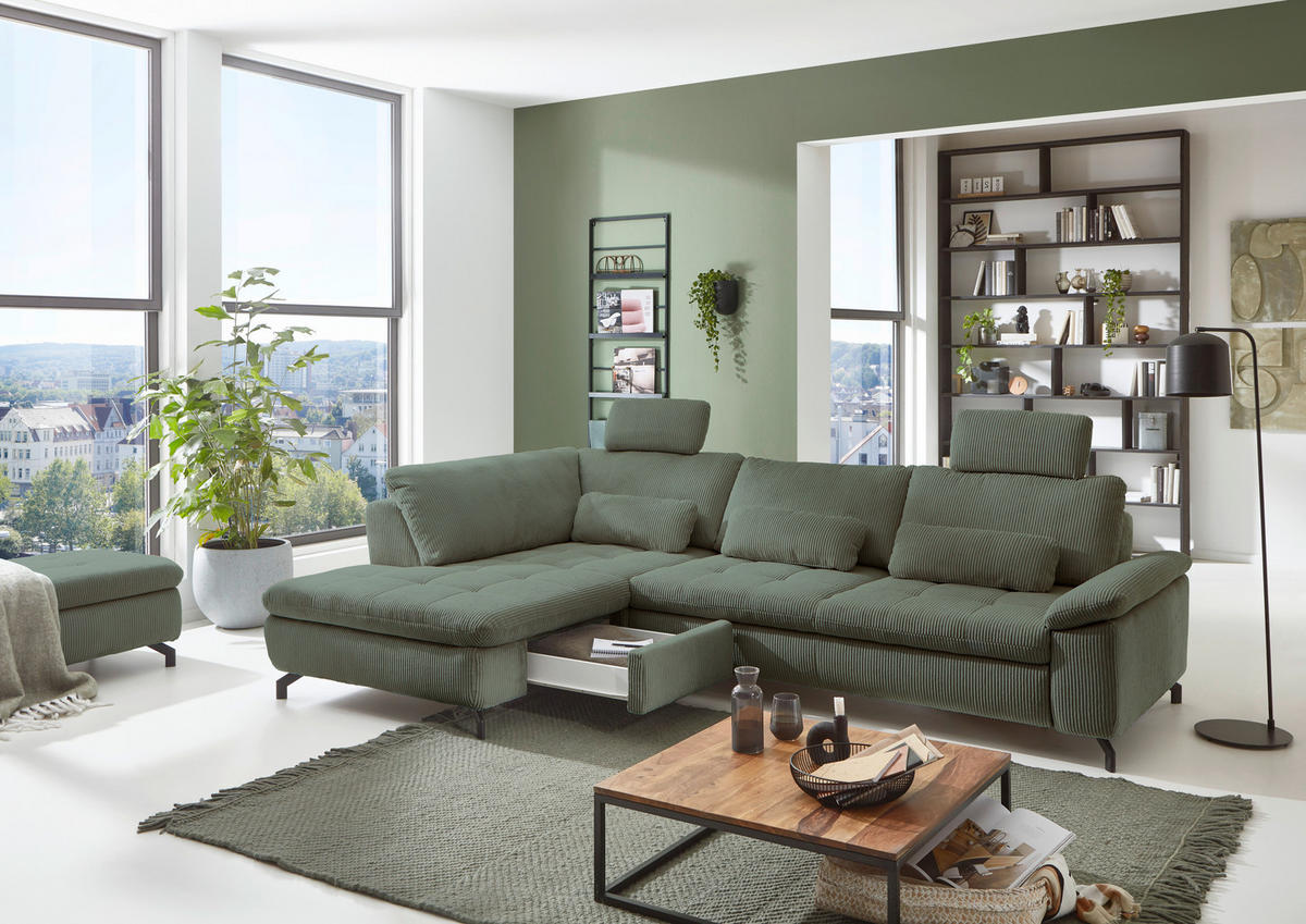ECKSOFA in Cord, Velours Grün  - Schwarz/Grün, Design, Textil/Metall (197/291cm) - Beldomo Style