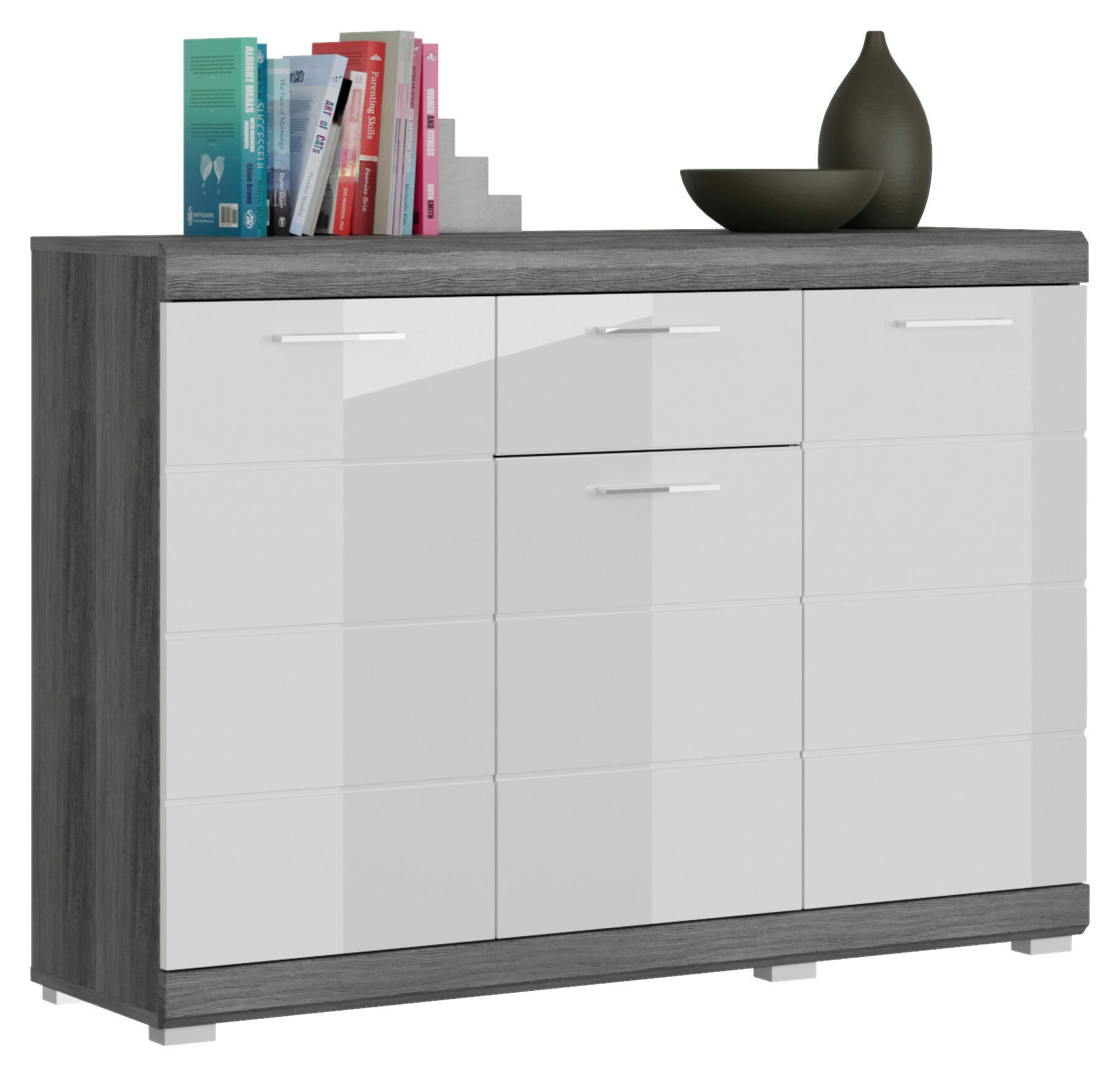 MID.YOU KOMODA, vysoce lesklá bílá, tmavě šedá, 120/85/37 cm