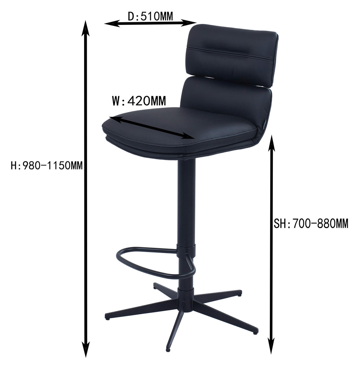 BARHOCKER Echtleder Schwarz Eisen Lederauswahl, Stoffauswahl, Wippfunktion, Sitzfläche 360° drehbar  - Schwarz, Design, Leder/Metall (42/99-117/50cm) - Dieter Knoll