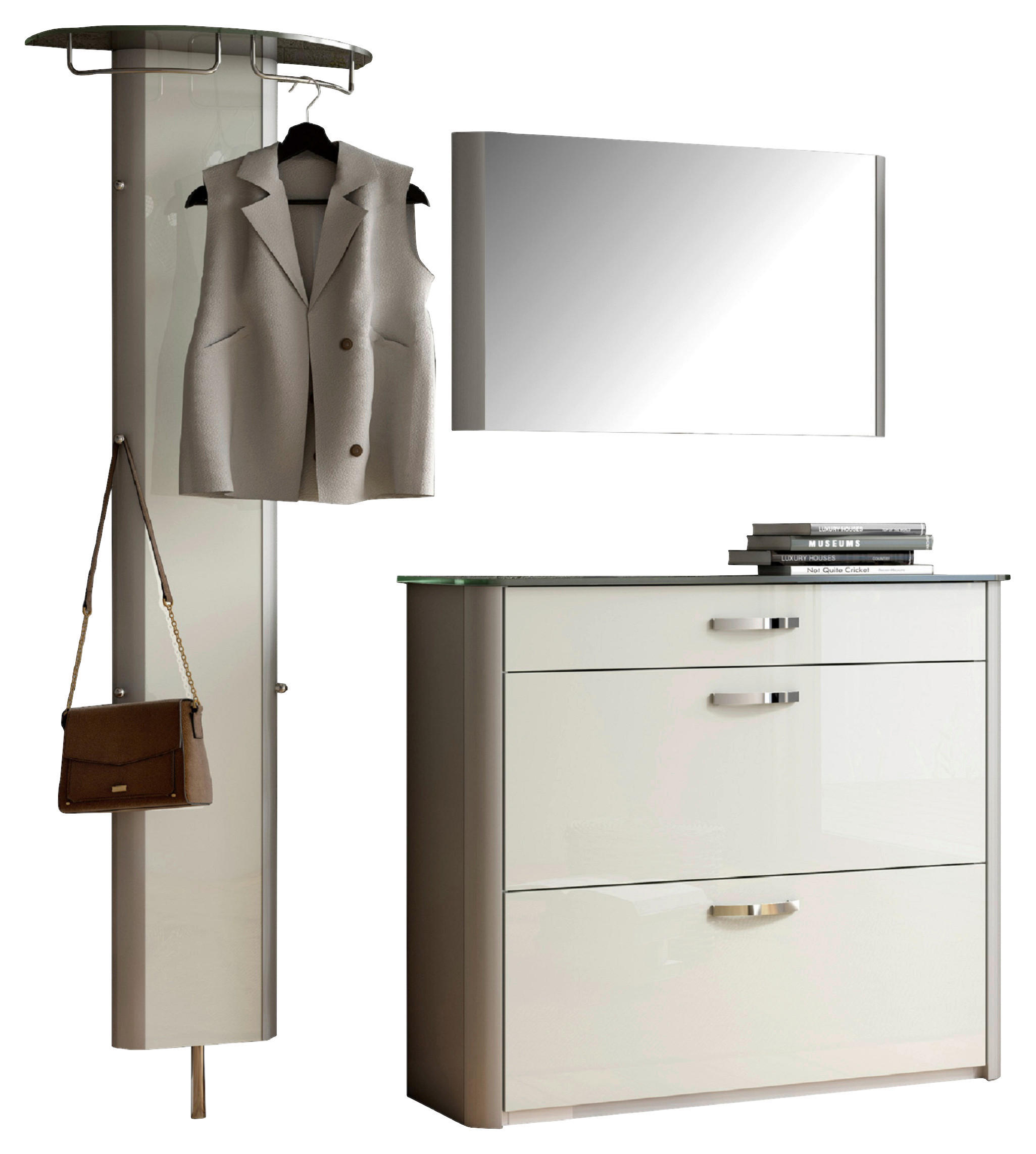 GARDEROBE 3-teilig in 200/192/34 cm - Weiss Hochglanz/Alufarben, Design, Glas/Holzwerkstoff (200/192/34cm) - Moderano