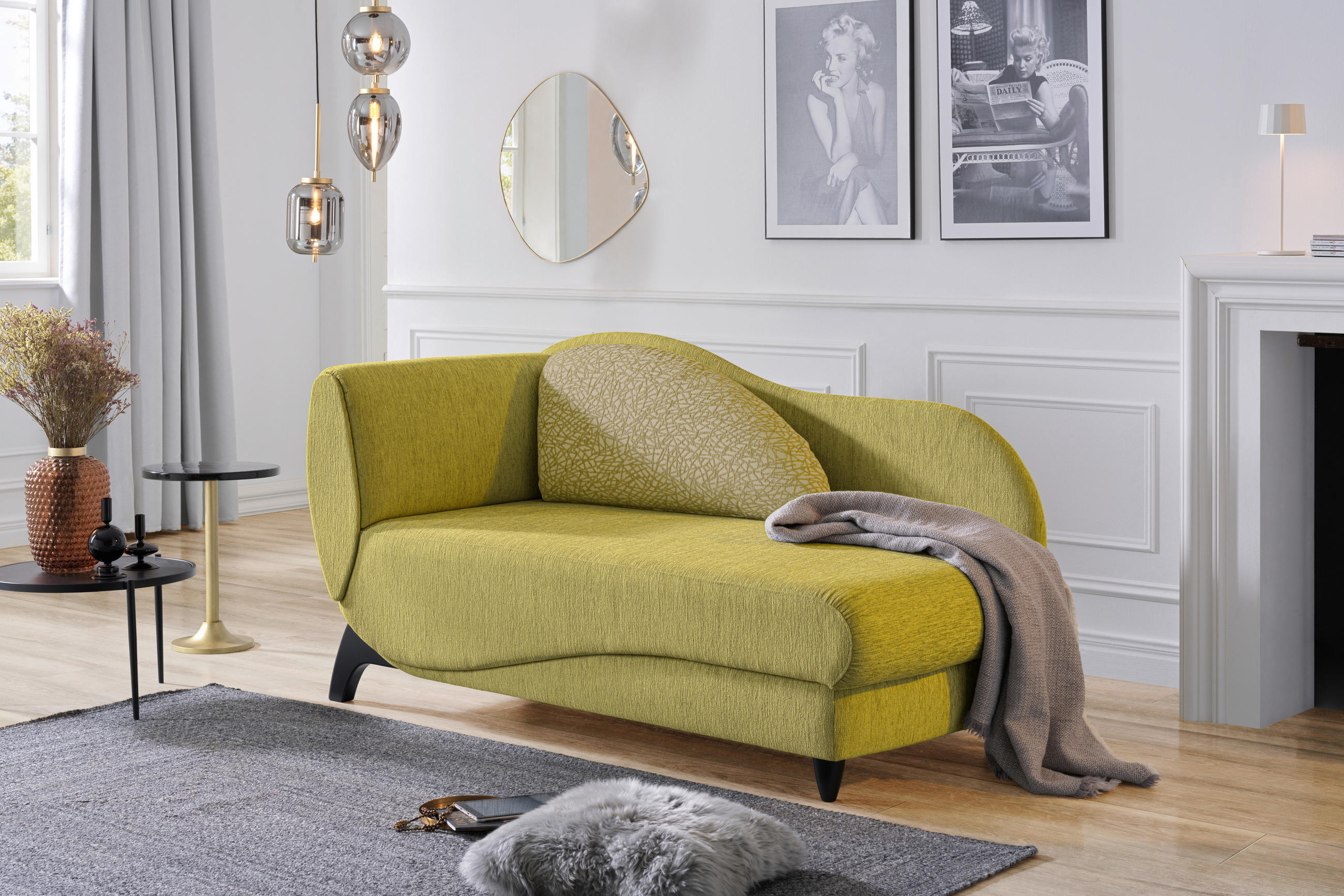 RÉCAMIERE Hellgrün Webstoff  - Schwarz/Hellgrün, MODERN, Holz/Textil (84/87/171-190cm) - Joka