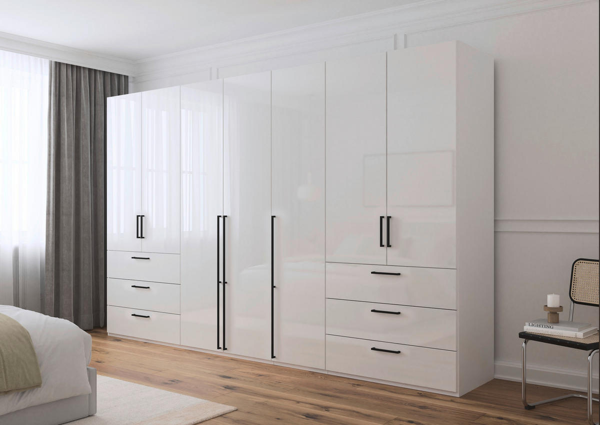 DREHTÜRENSCHRANK 350/235/61 cm,  in Weiß, Weiß Hochglanz, 7-türig  - Weiß Hochglanz/Schwarz, Basics, Holzwerkstoff/Metall (350/235/61cm) - Novel