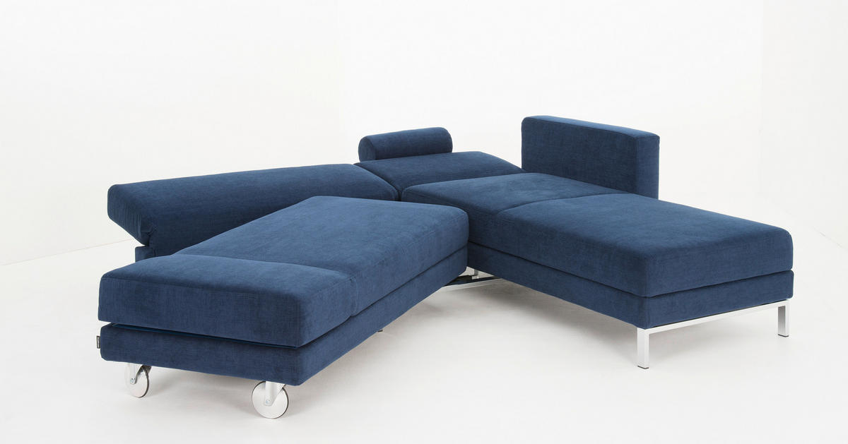 ECKSOFA in Flachgewebe Blau  257/210 cm  - Chromfarben/Blau, Design, Textil/Metall (257/210cm) - Brühl