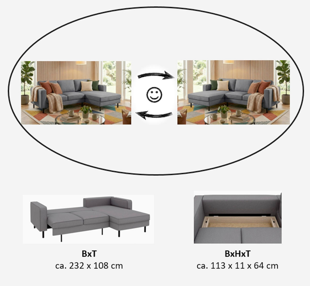 ECKSCHLAFSOFA WATKINS  mit Schlafen auf Sitzhöhe, Rücken echt, Armteil links, Armteil rechts Struktur Anthrazit  - Anthrazit/Schwarz, MODERN, Textil/Metall (232/161cm) - Trendmanufaktur