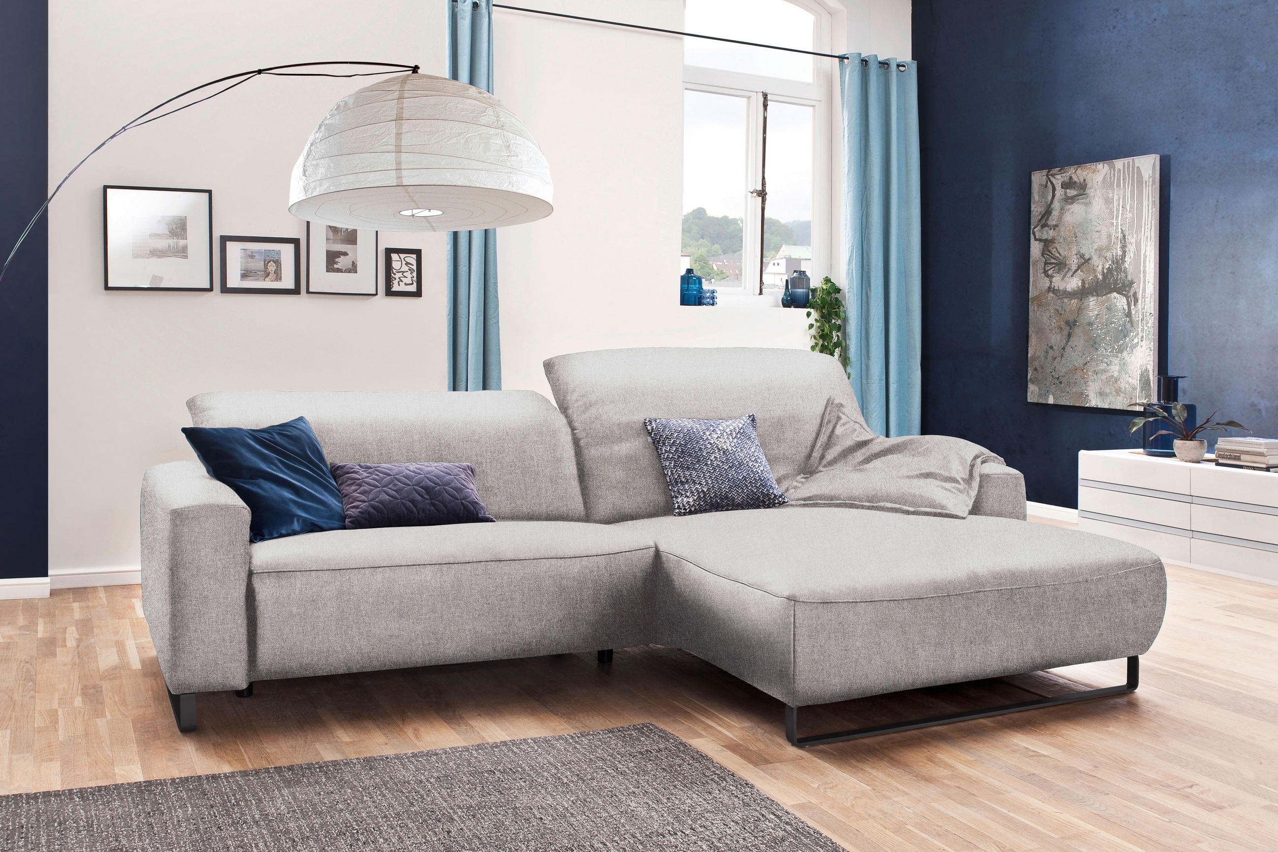 ECKSOFA Hellgrau Flachgewebe  - Hellgrau/Schwarz, KONVENTIONELL, Textil/Metall (284/180cm) - Hom`in