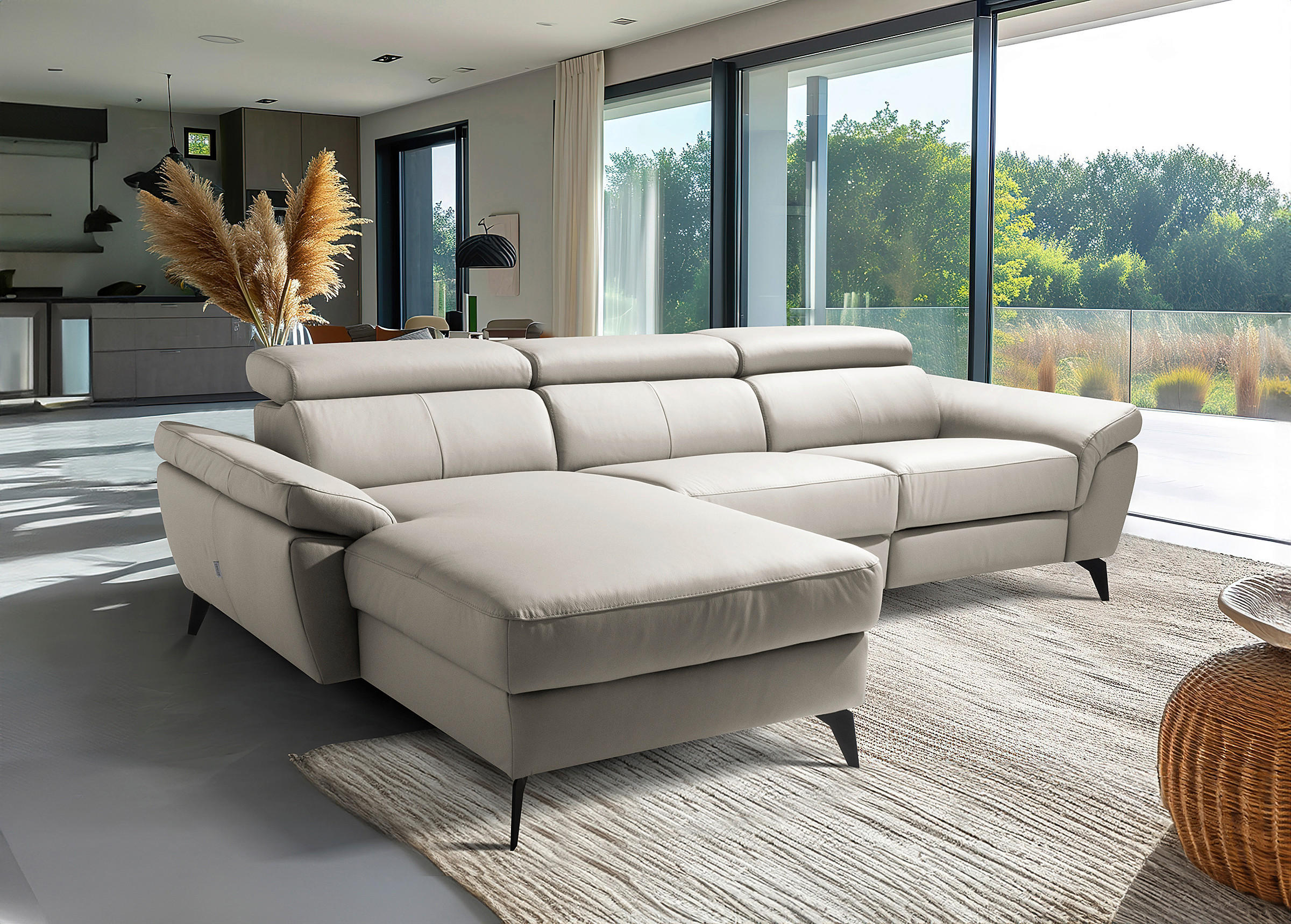 ECKSOFA Lederlook Echtleder Platinfarben  - Platinfarben/Schwarz, Design, Leder/Textil (179/252cm) - Livetastic