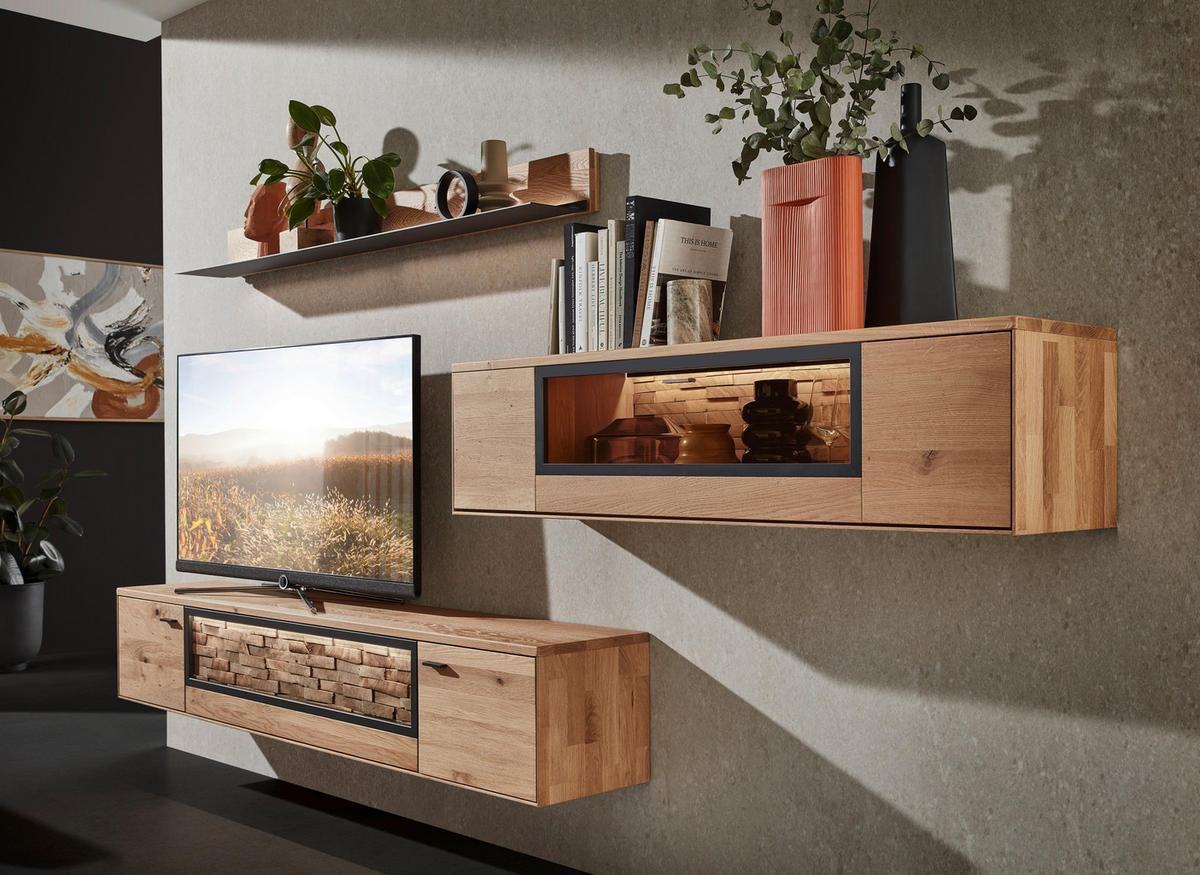 WOHNWAND  in Wildeiche  331,5/131,5/37,1 cm  - Wildeiche/Graphitfarben, Natur, Glas/Holz (331,5/131,5/37,1cm) - Valnatura