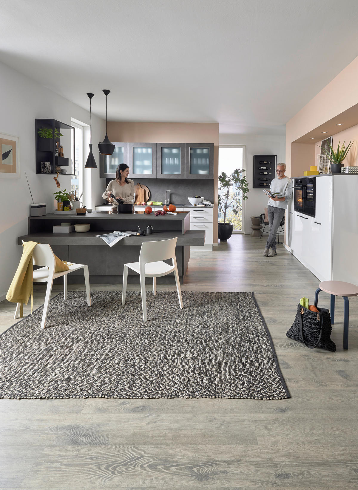 EINBAUKÜCHE L16  - Weiß Hochglanz/Grau, Design, Holzwerkstoff - Dieter Knoll