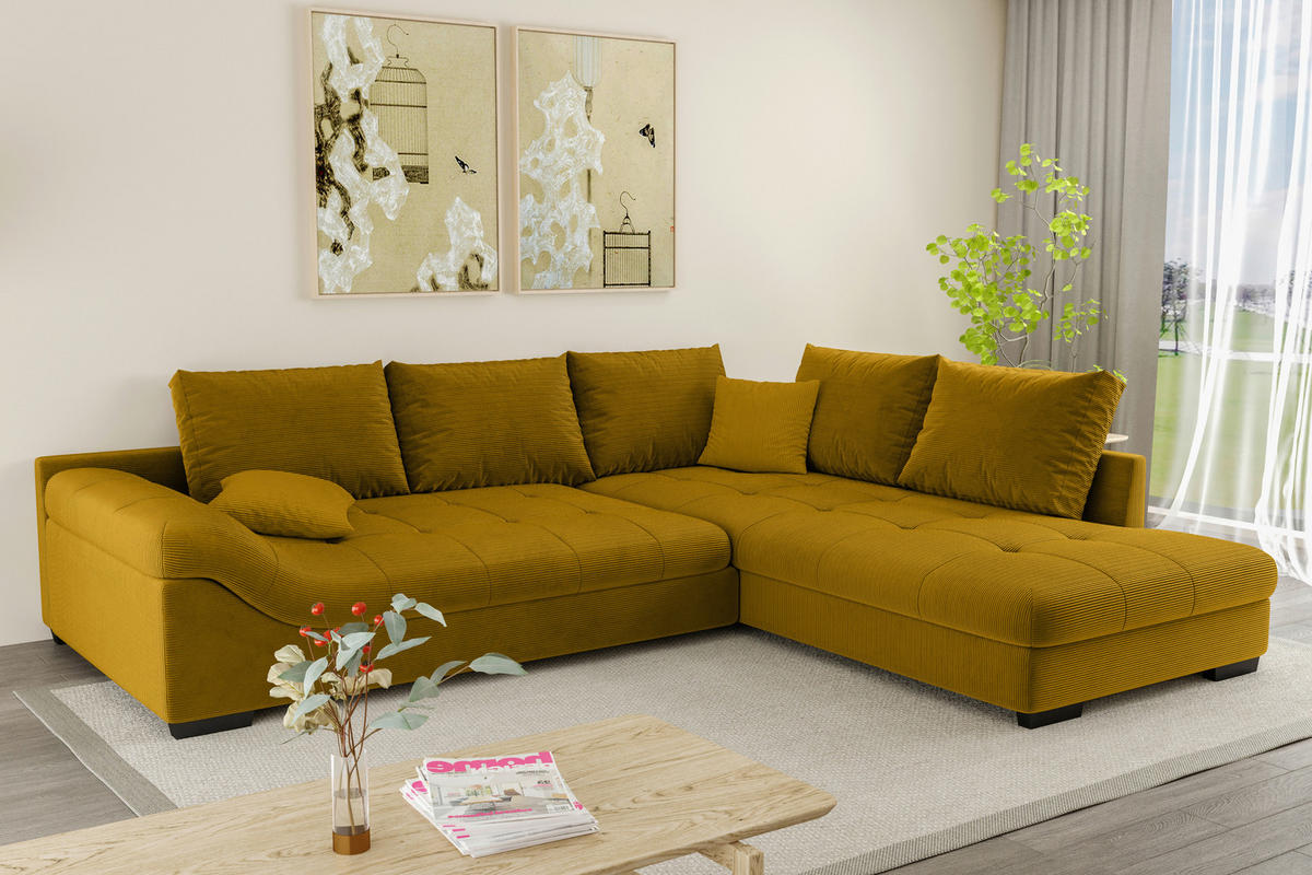 ECKSOFA in Cord Currygelb  - Currygelb/Schwarz, Konventionell, Holz/Textil (298/202cm) - MID.YOU