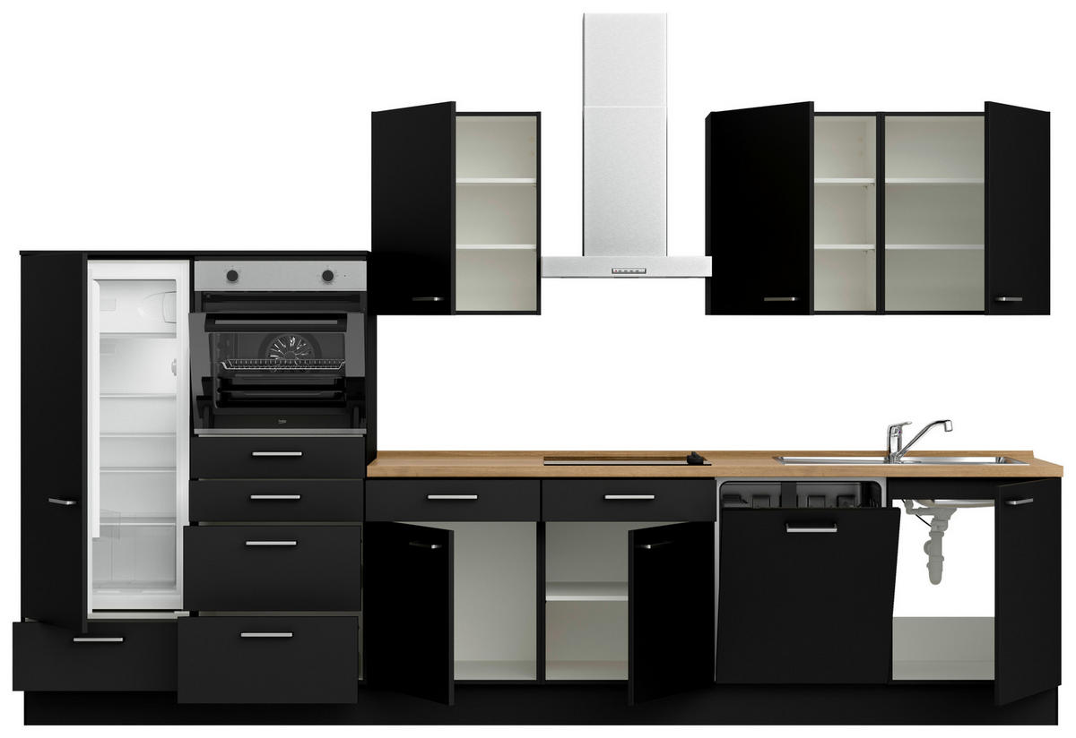 KÜCHENLEERBLOCK 360 cm   in Schwarz, Eichefarben  - Edelstahlfarben/Eichefarben, MODERN, Holzwerkstoff/Metall (360cm) - Nobilia