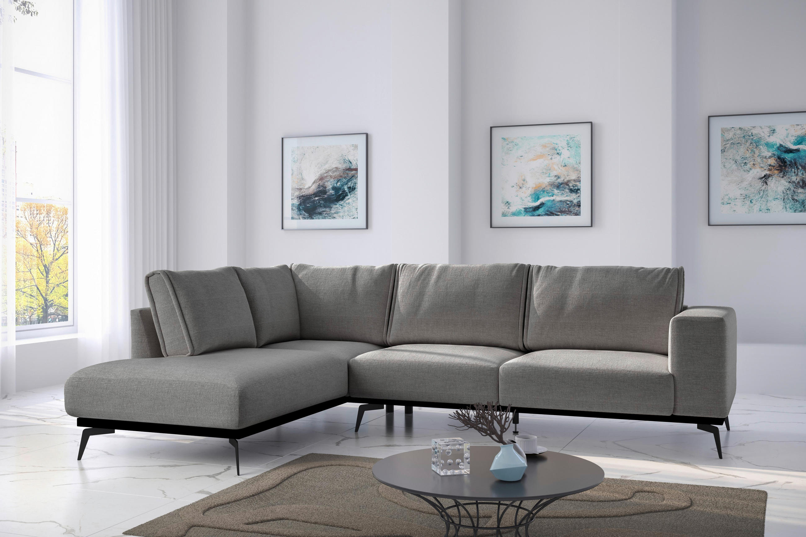 ECKSOFA Dunkelgrau beflockt  - Dunkelgrau/Schwarz, Design, Holz/Textil (200/293cm) - MID.YOU