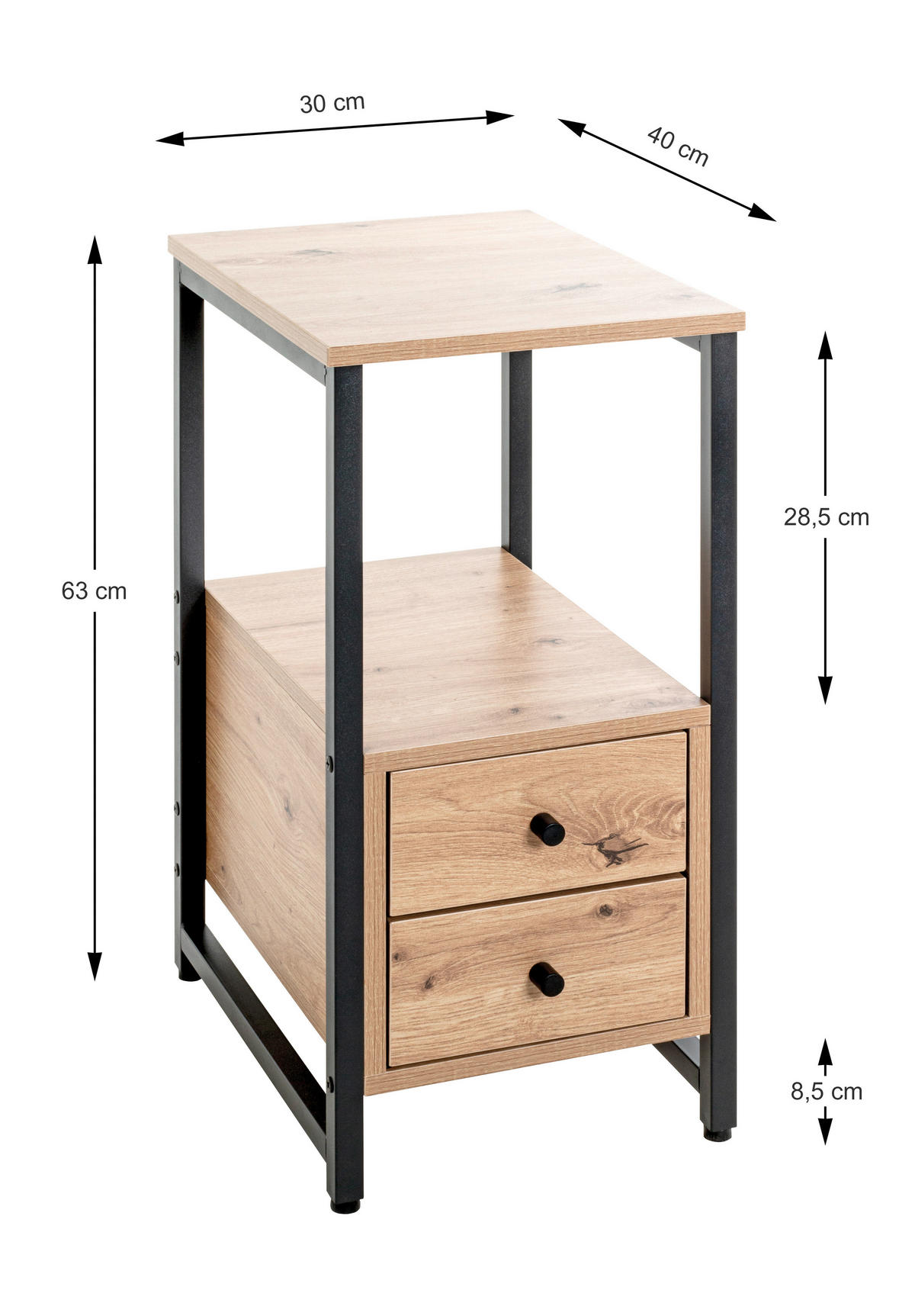 BEISTELLTISCH rechteckig Schwarz, Eichefarben  - Eichefarben/Schwarz, Design, Metall (40/30/63cm)