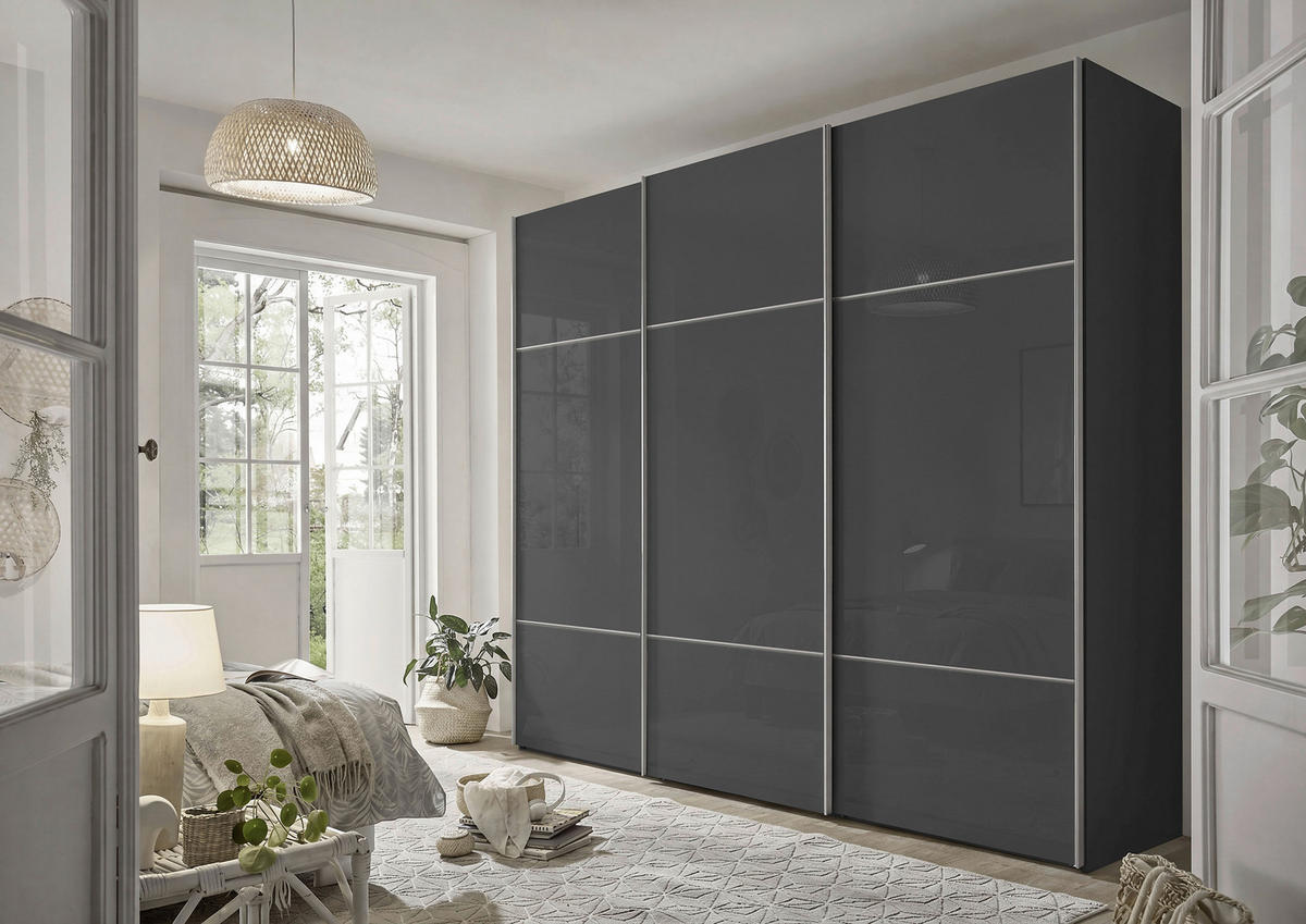 SCHWEBETÜRENSCHRANK 249/222/68 cm 3 Tür(en)-türig Graphitfarben  - Alufarben/Graphitfarben, Design, Glas/Holzwerkstoff (249/222/68cm) - Moderano