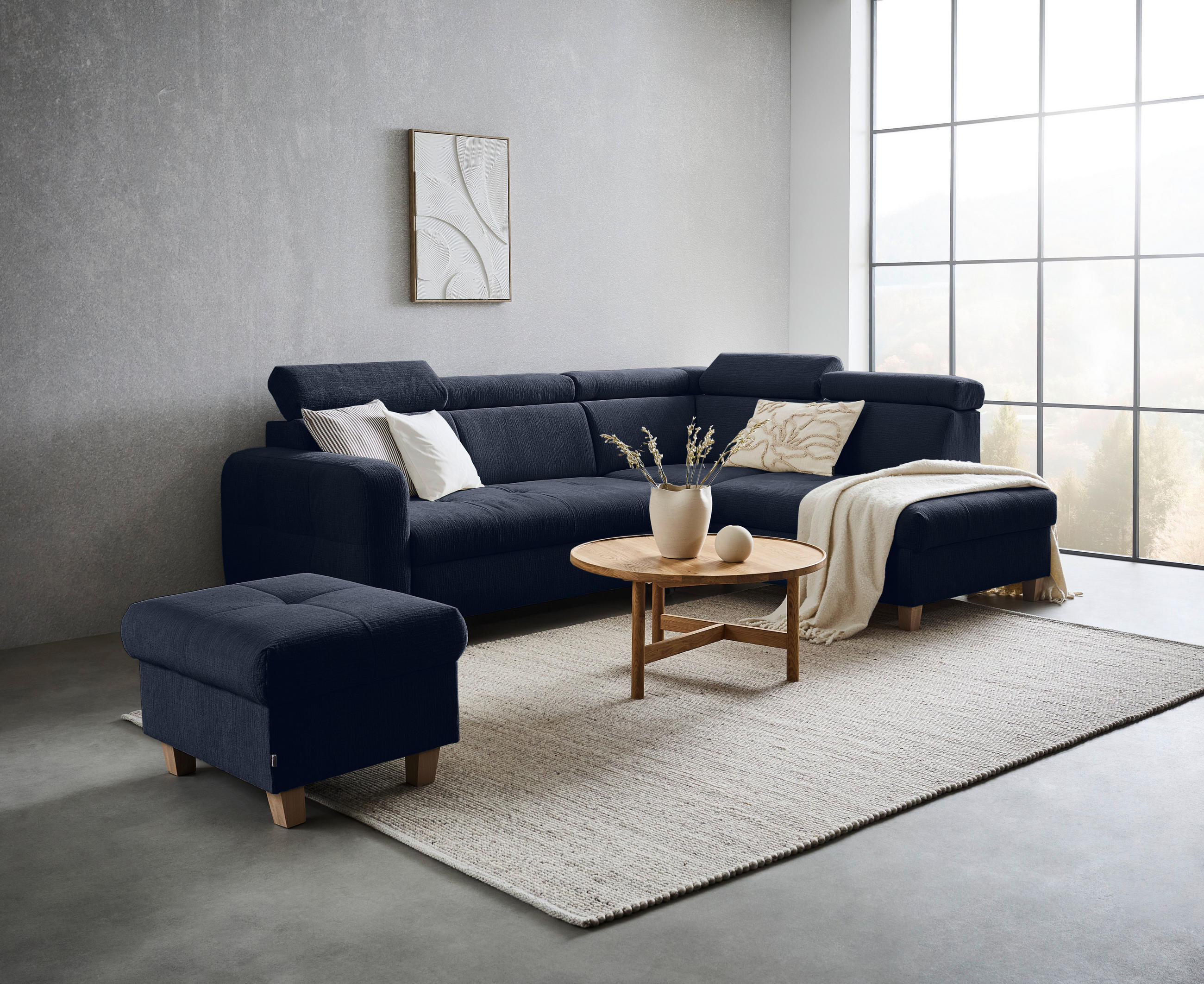 ECKSOFA inkl. Funktionen Dunkelblau Samt  - Bronzefarben/Dunkelblau, Design, Holz/Textil (261/206cm) - Venda