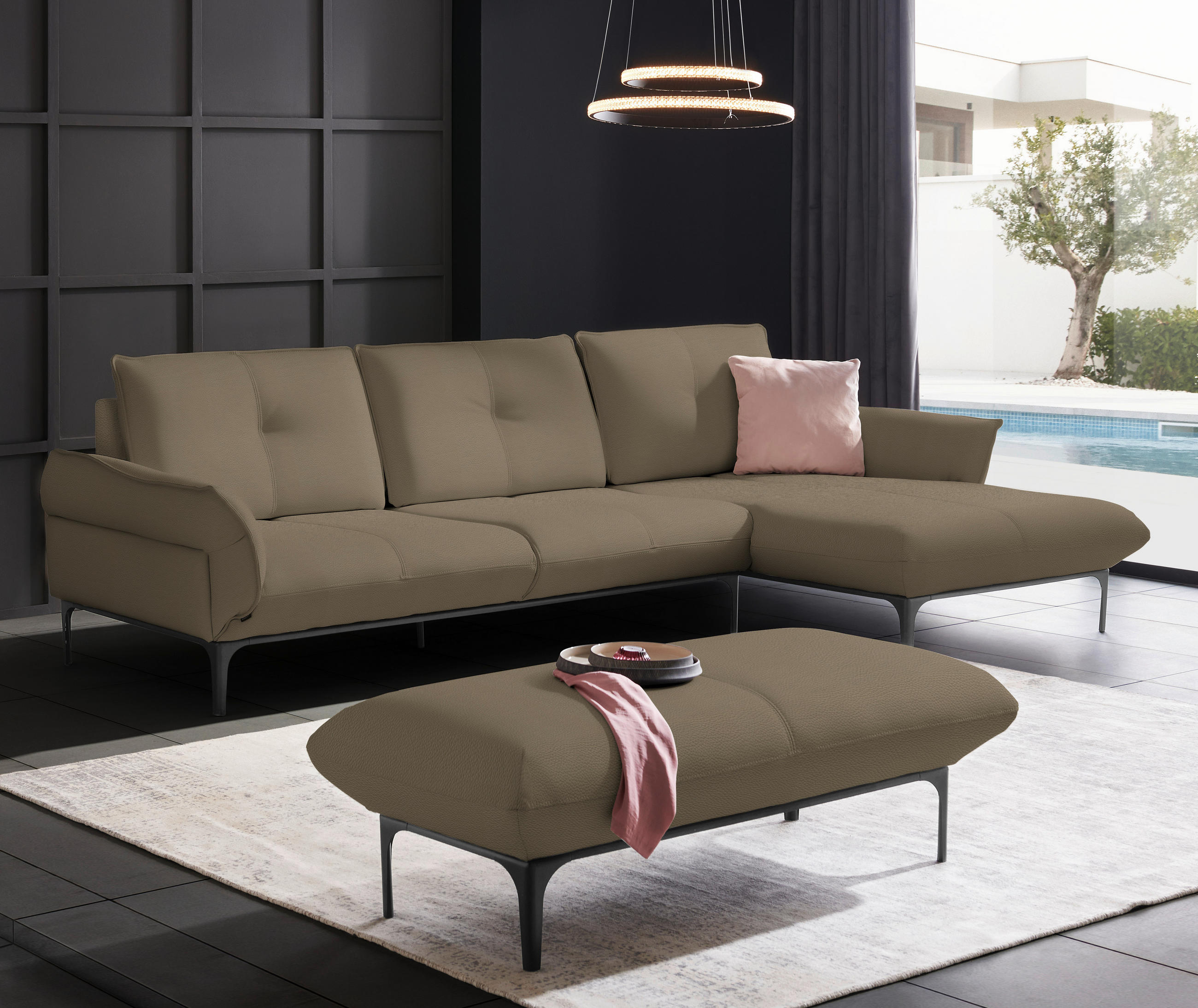 ECKSOFA in Echtleder Hellbraun  - Hellbraun/Schwarz, Design, Leder/Metall (319/182cm) - Valnatura