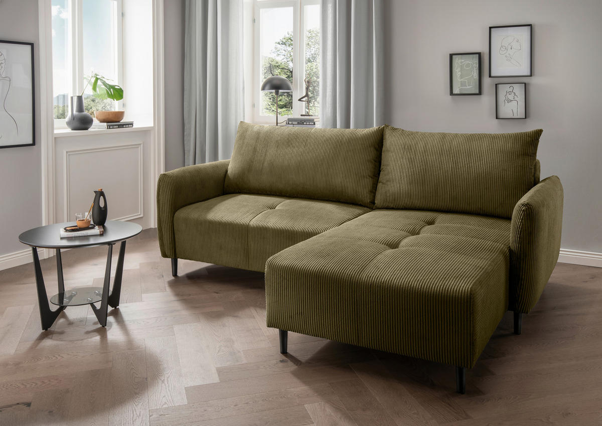 ECKSOFA in Cord Olivgrün  - Schwarz/Olivgrün, Basics, Holz/Textil (238/174cm) - Livetastic