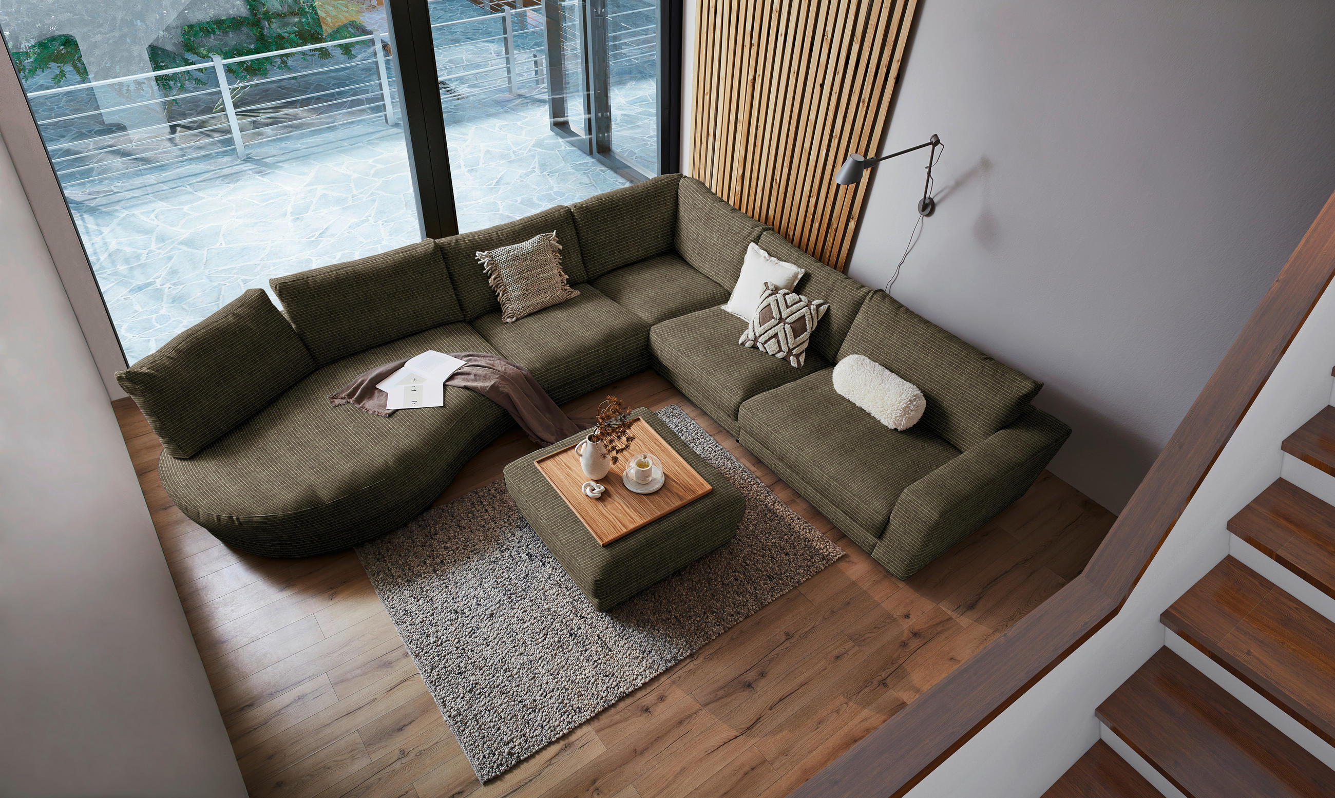 ECKSOFA in Chenille, Cord Olivgrün  425/365 cm  - Schwarz/Olivgrün, Design, Kunststoff/Textil (425/365cm) - Lomoco