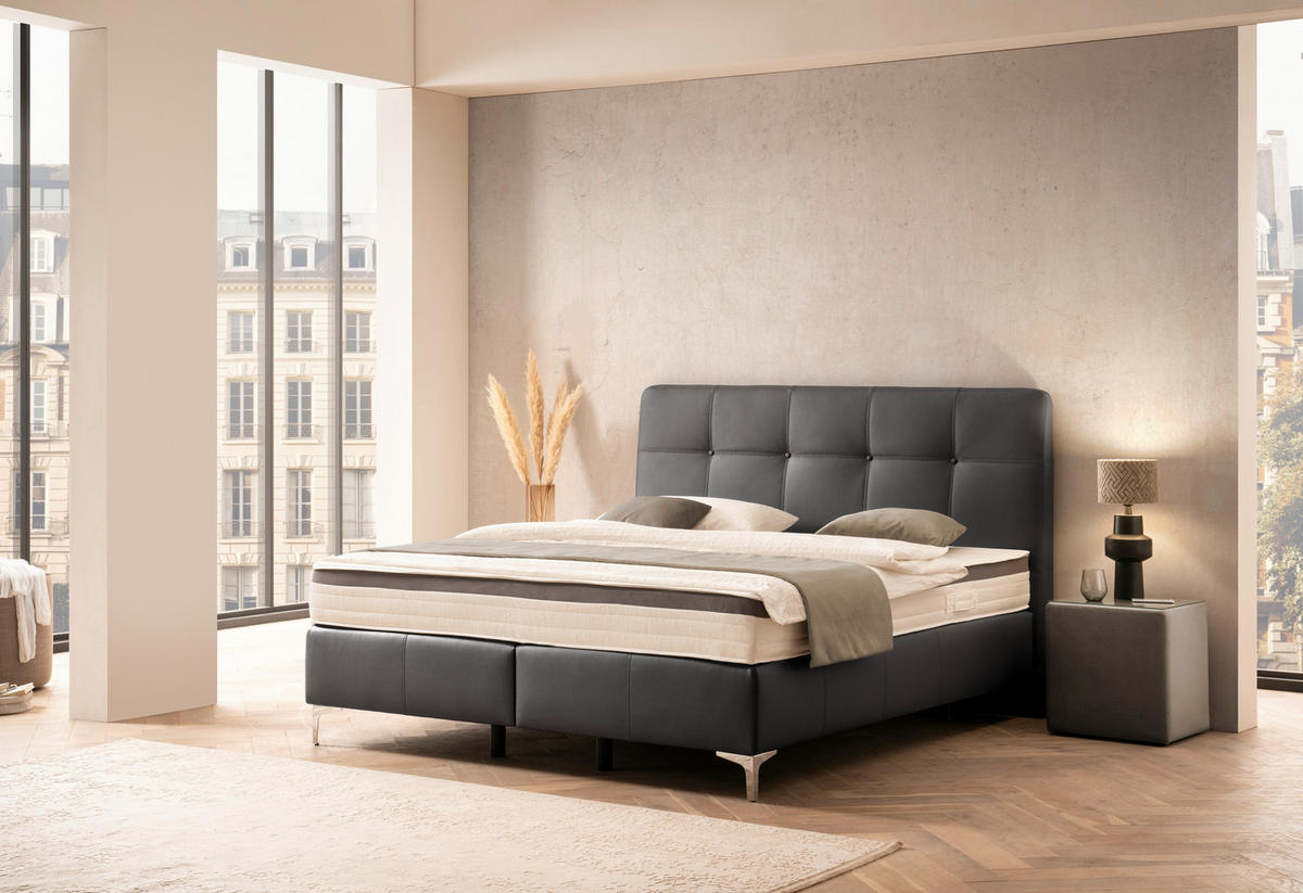 BOXSPRINGBETT 160/200 cm  in Schwarz  - Chromfarben/Schwarz, Basics, Leder/Holz (160/200cm) - Novel