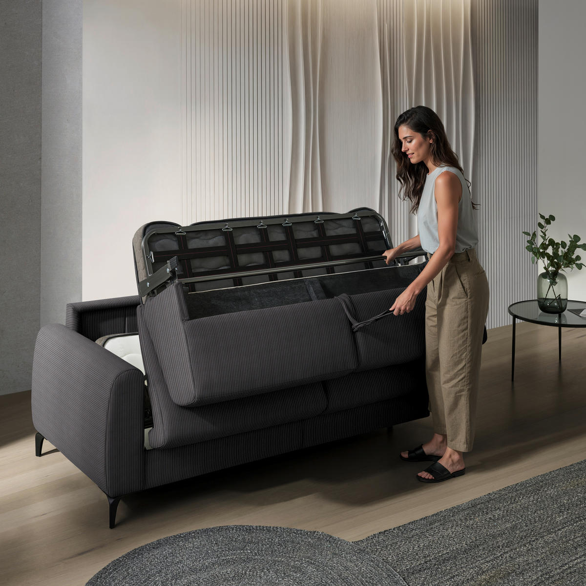 SCHLAFSOFA Cord Graphitfarben  - Schwarz/Graphitfarben, Konventionell, Holz/Textil (203/88/102cm) - Novel