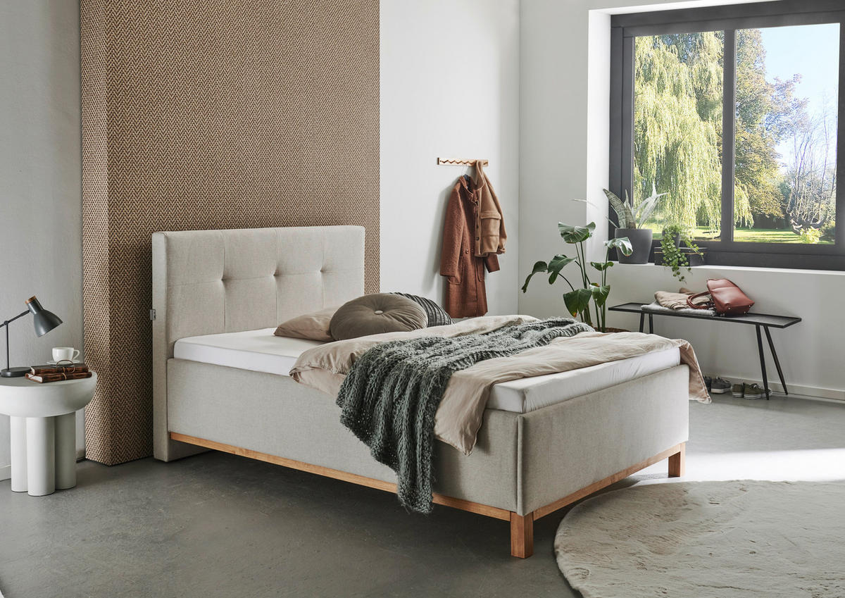 POLSTERBETT 140/200 cm,  in Sandfarben,  - Sandfarben/Eichefarben, MODERN, Holz/Textil (140/200cm) - Livetastic