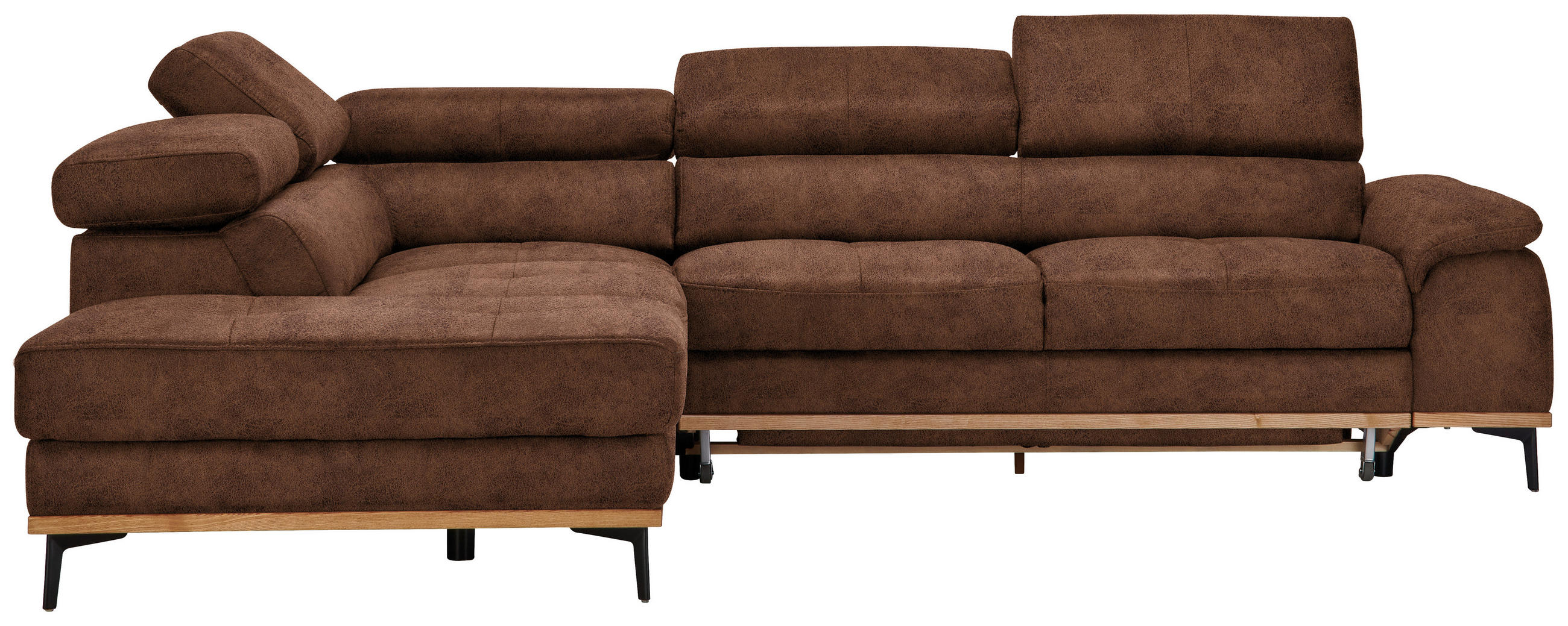 ECKSOFA Braun Lederlook Bettkasten, Schlaffunktion, Kopfteilverstellung  - Schwarz/Braun, Natur, Holz/Textil (226/282cm) - Novel
