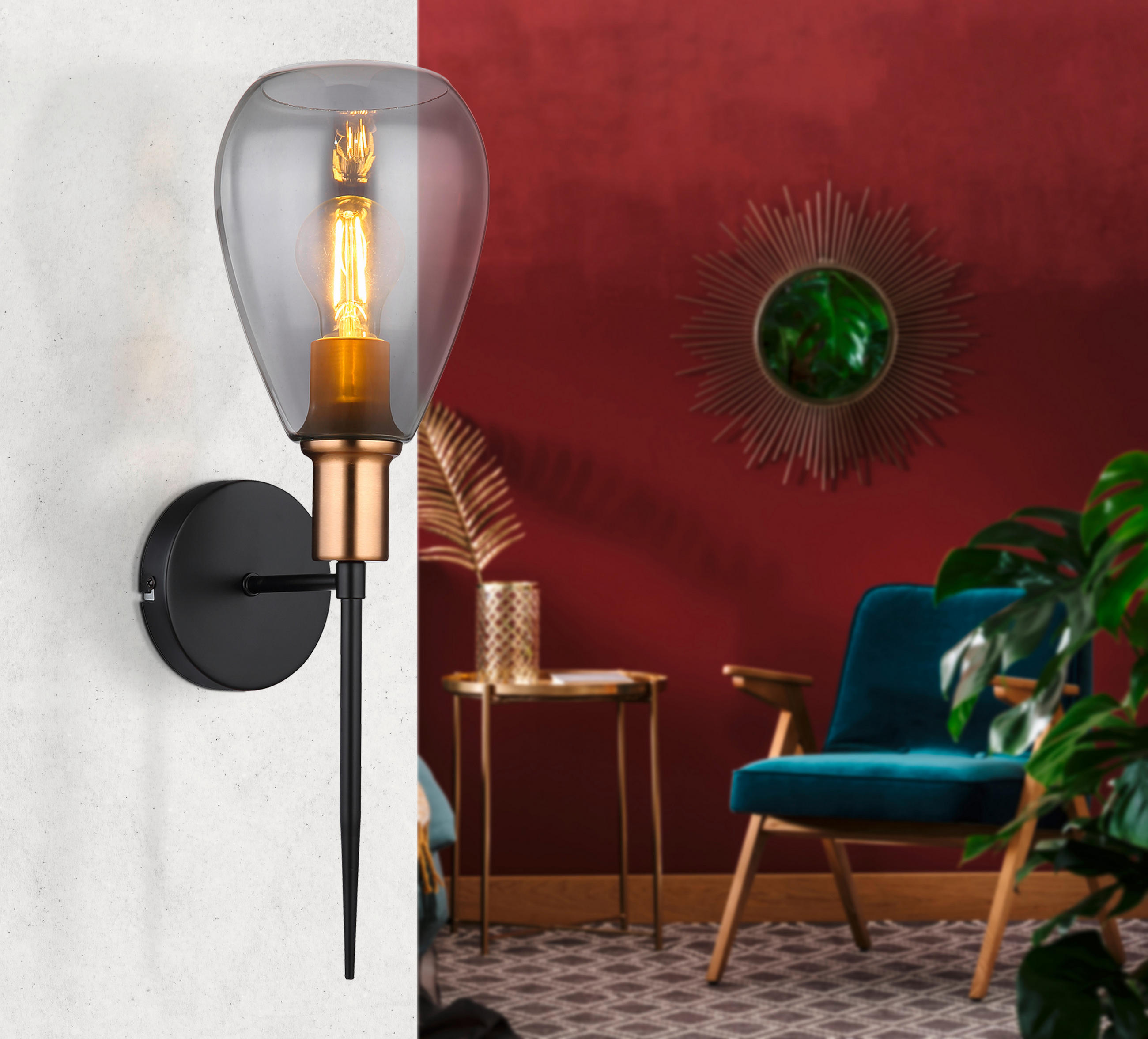 VÄGGLAMPA Fanni 15/19/48 cm   - mässingsfärgad/grå, Design, metall/glas (15/19/48cm) - Globo