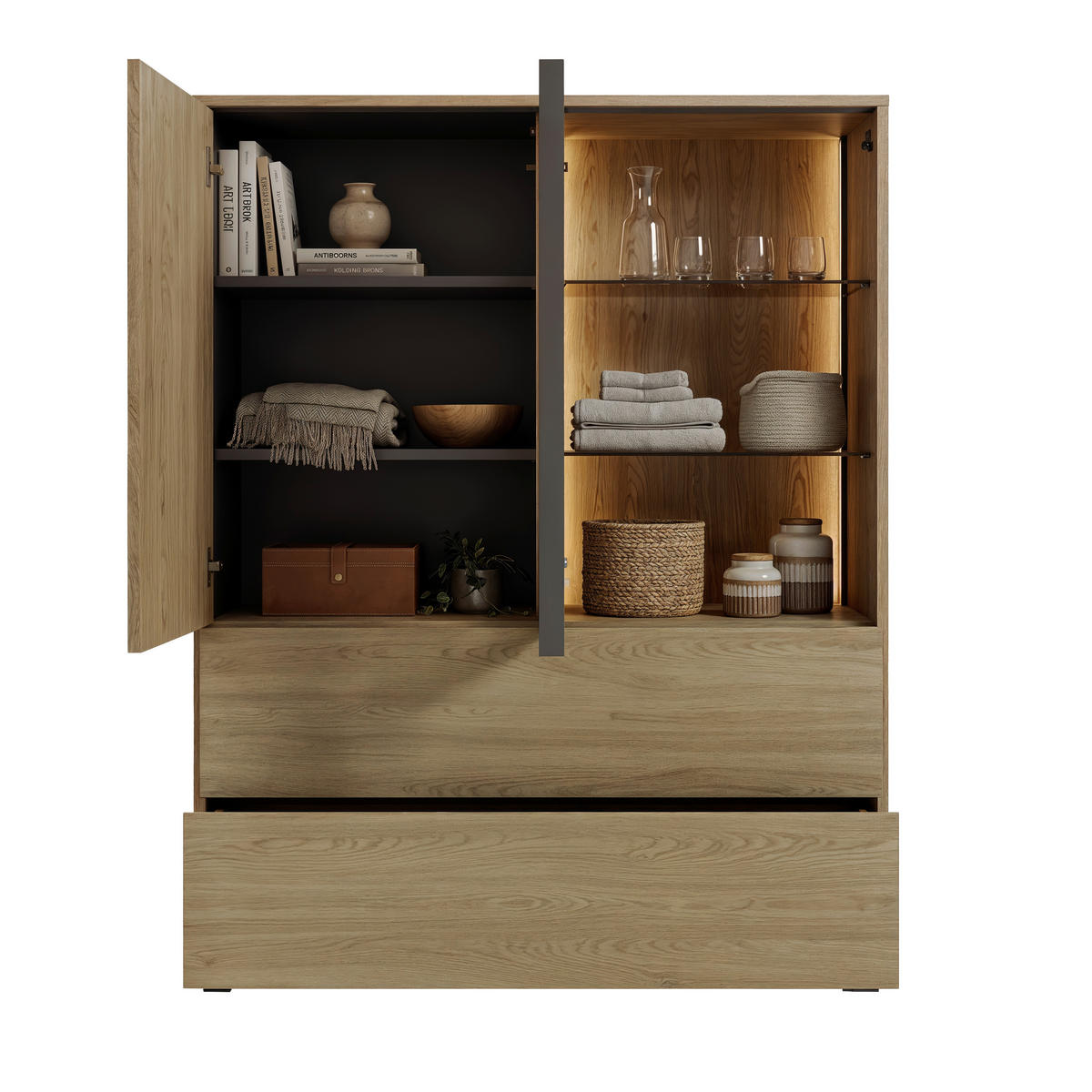 HÖG BYRÅ FRAME svart, ekfärgad  100/131/40 cm  - svart/ekfärgad, Modern, trämaterial/glas (100/131/40cm) - Stylife