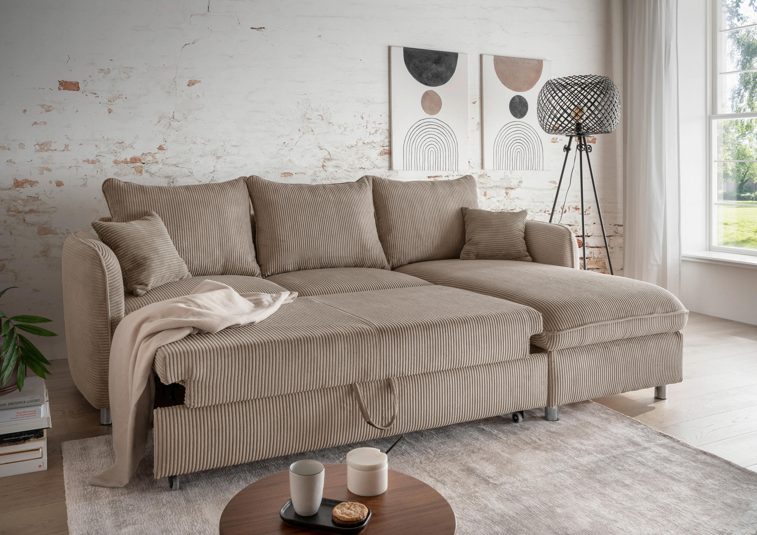 ECKSCHLAFSOFA Cord Graubraun  - Chromfarben/Graubraun, MODERN, Textil/Metall (254/160cm) - Livetastic