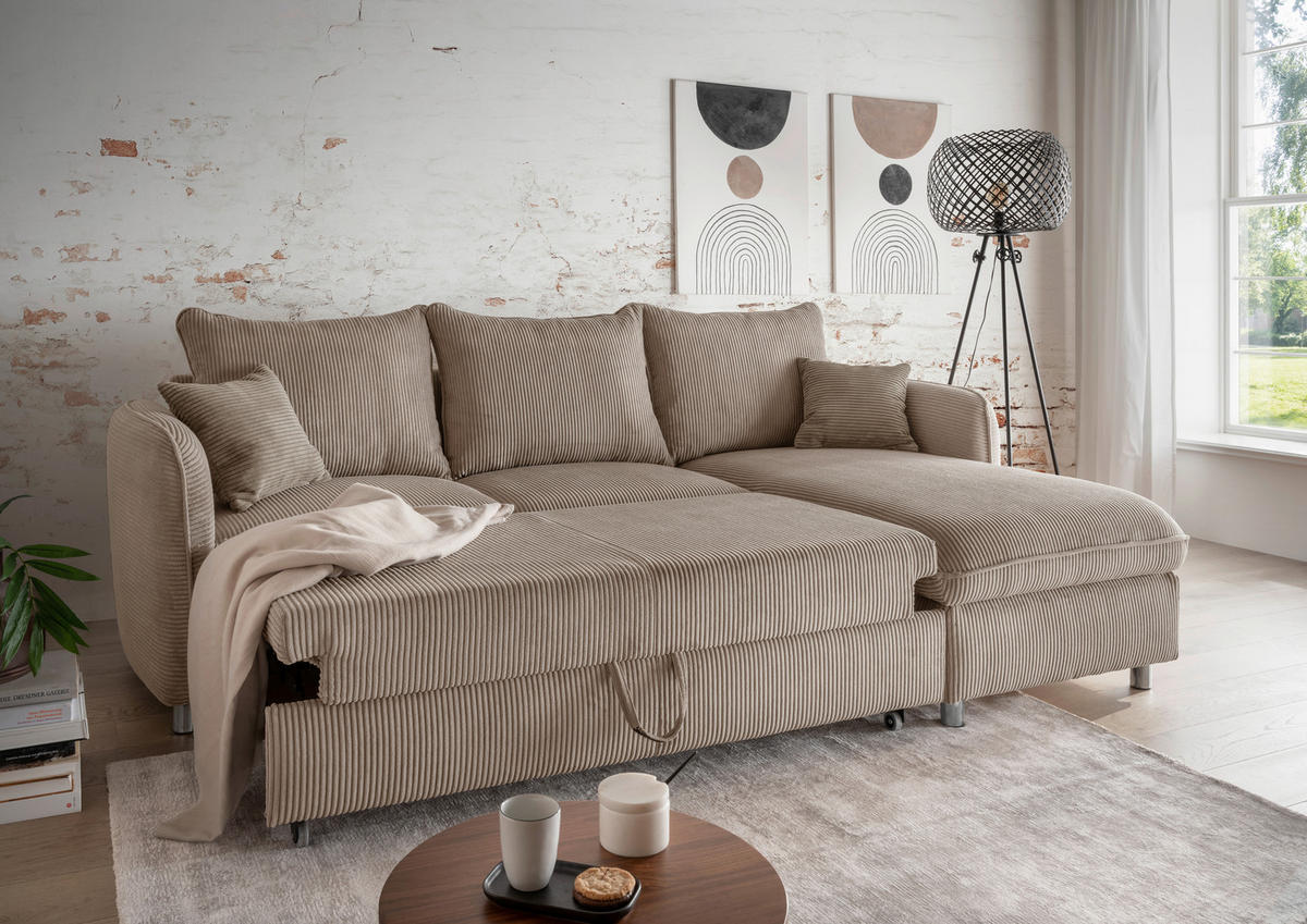 ECKSCHLAFSOFA  mit Rücken echt, Armteil links, Armteil rechts Cord Graubraun  - Chromfarben/Graubraun, MODERN, Textil/Metall (254/160cm) - Livetastic