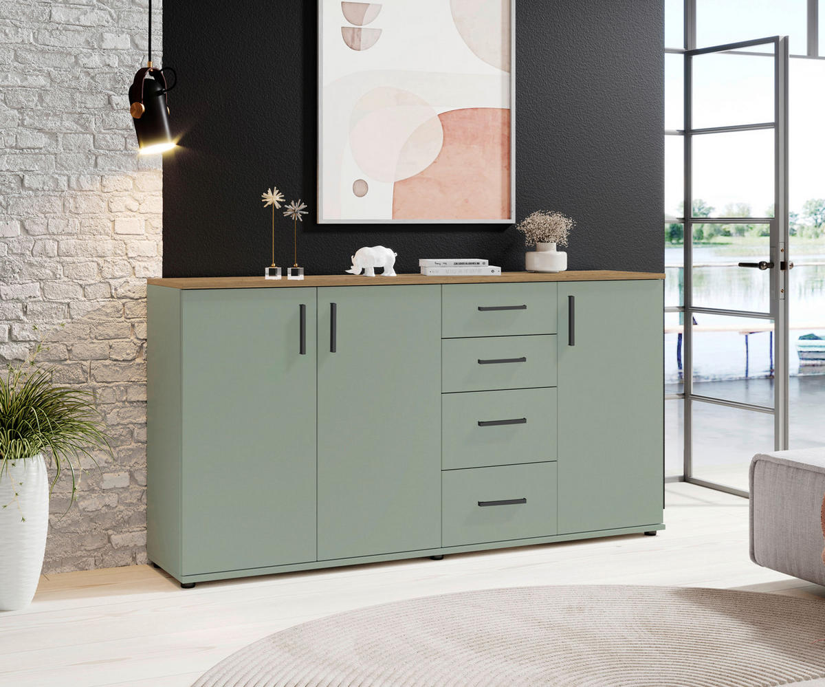 KOMMODE , 160/84/35 cm, 4 Schublade(n)  - Eichefarben/Salbeigrün, Design, Holzwerkstoff/Kunststoff (160/84/35cm) - MID.YOU