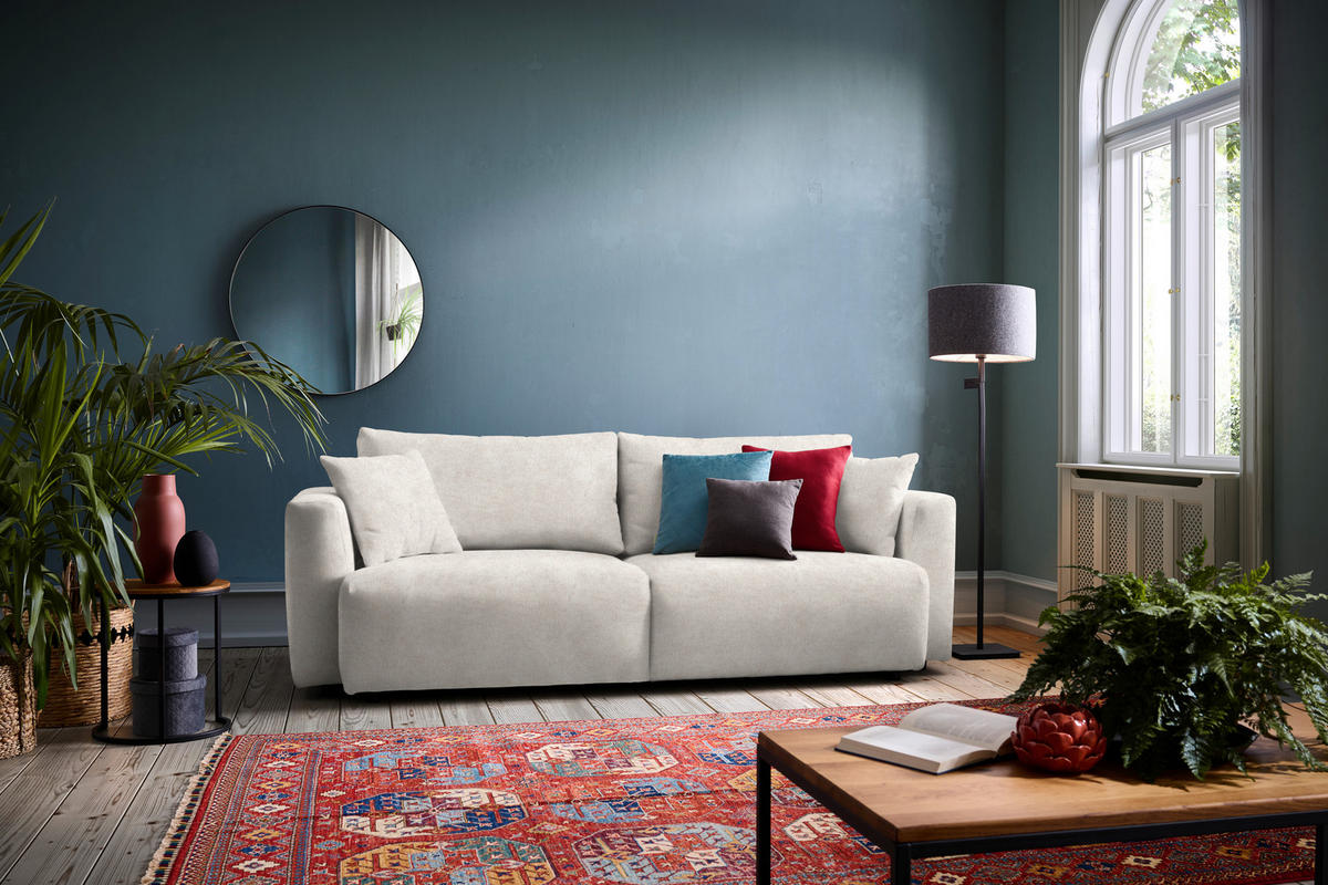 SCHLAFSOFA  mit Stoffauswahl, Schlafen auf Sitzhöhe, Rücken echt Velours Creme  - Creme/Schwarz, Design, Kunststoff/Textil (250/92/105cm) - Carryhome