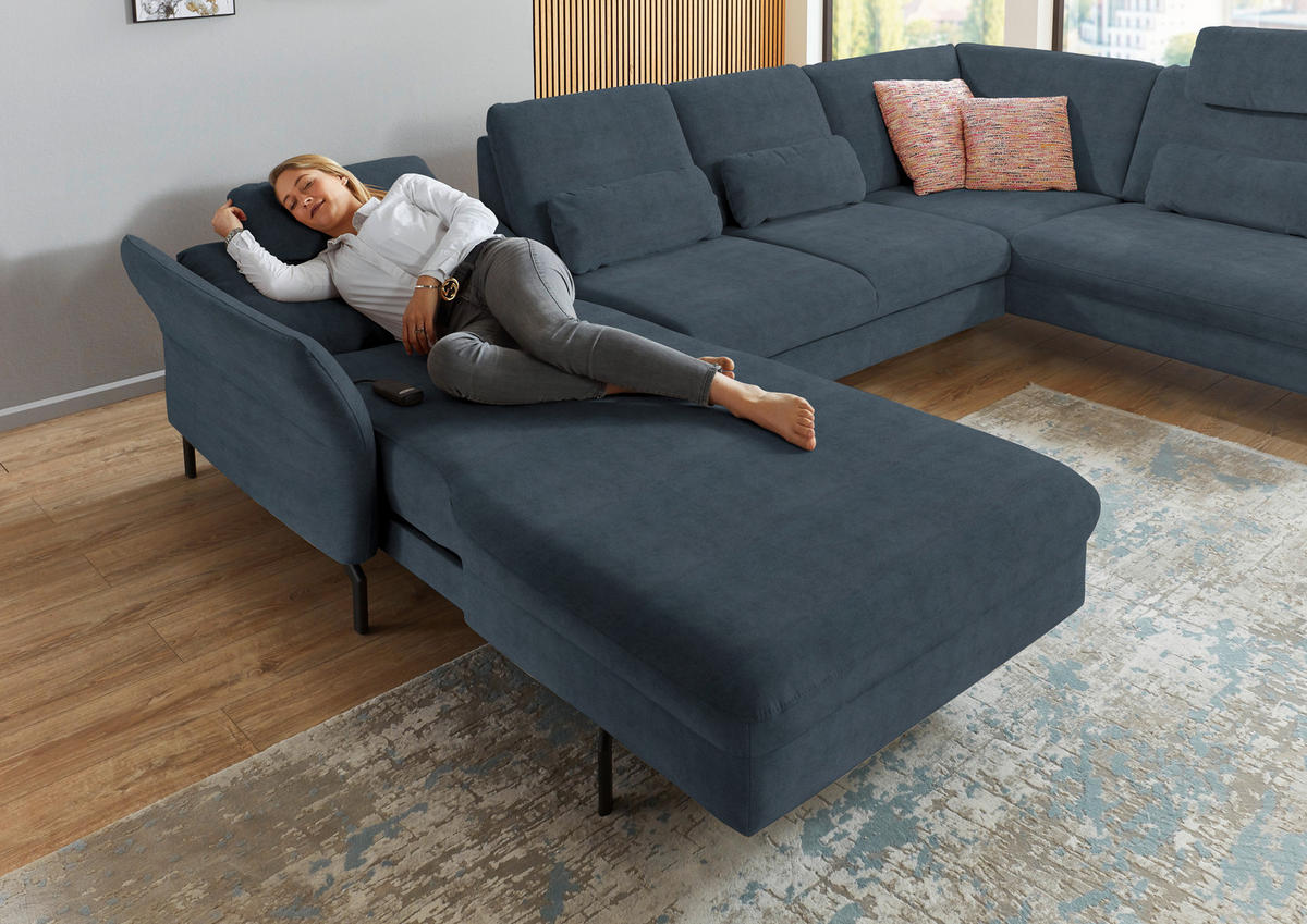 WOHNLANDSCHAFT in Velours Blaugrau  - Blaugrau/Schwarz, Design, Textil/Metall (179/335/220cm) - Beldomo System