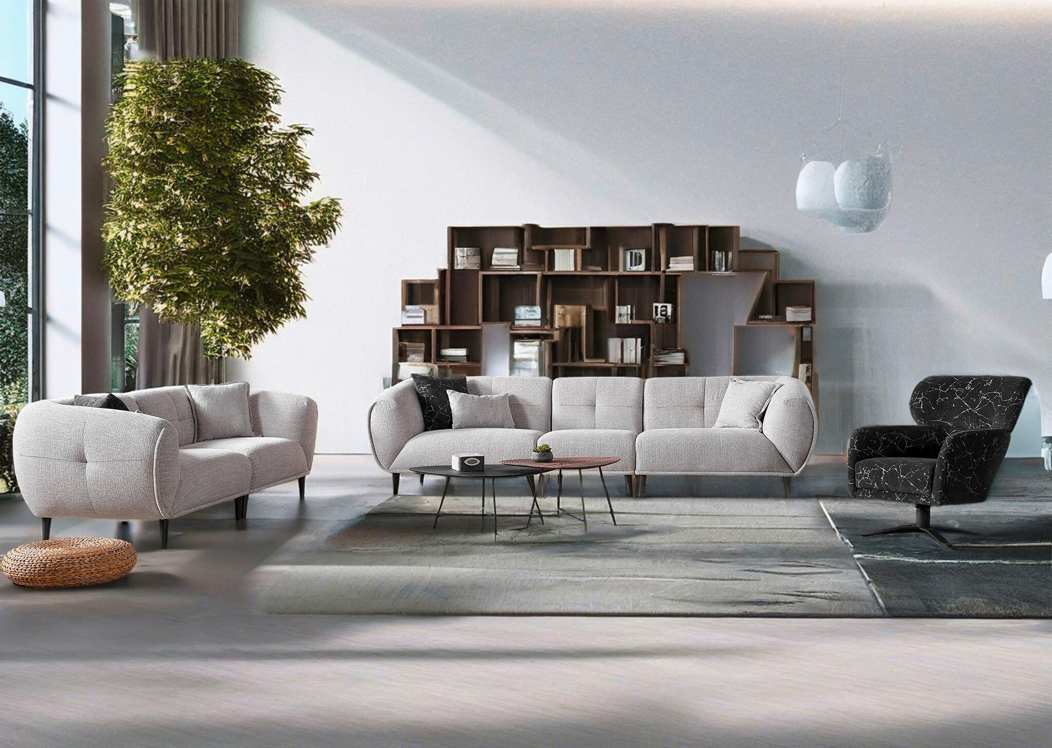 3-SITZER-SOFA in Bouclé Hellgrau  - Anthrazit/Hellgrau, Design, Holz/Textil (240/80/102cm) - Livetastic