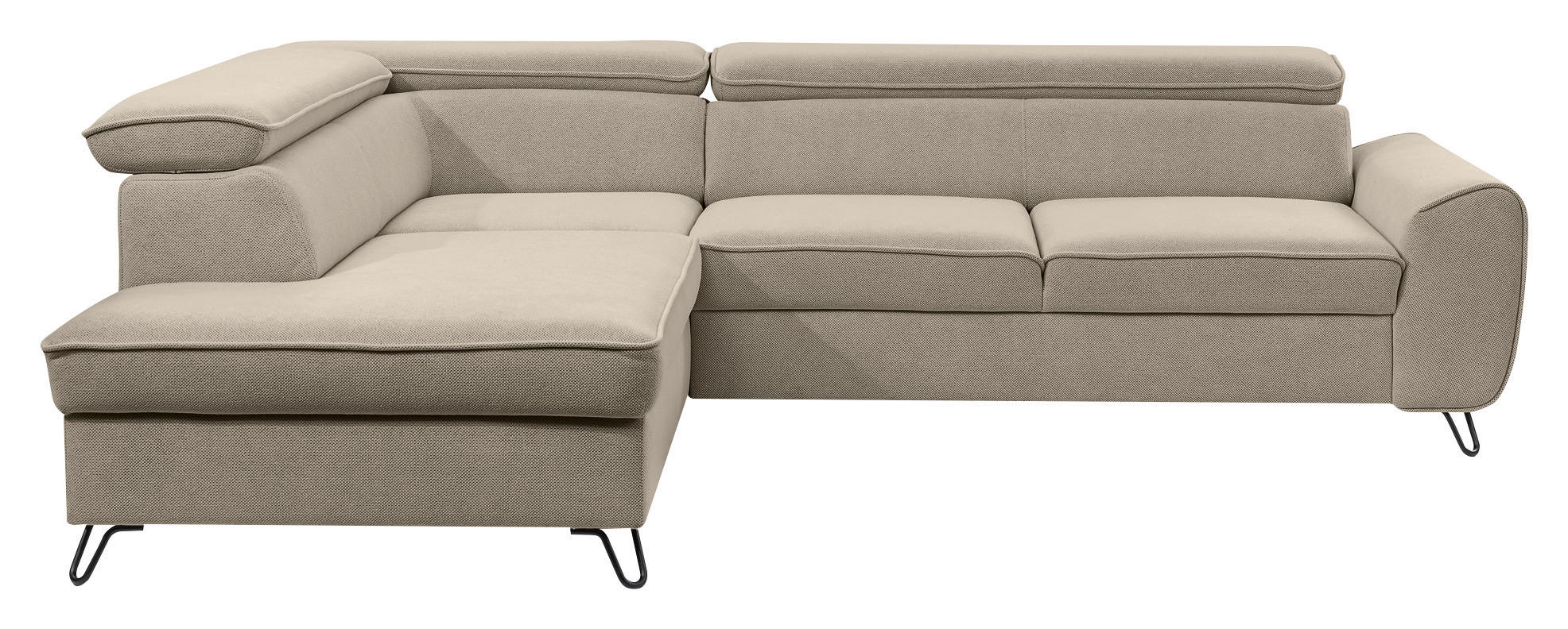 ECKSOFA inkl. Funktion Idylla Beige Flachgewebe  inkl. Bettkasten, Schlaffunktion, Rücken echt, Kopfstütze  - Beige/Schwarz, Design, Textil/Metall (200/250cm) - Stylife