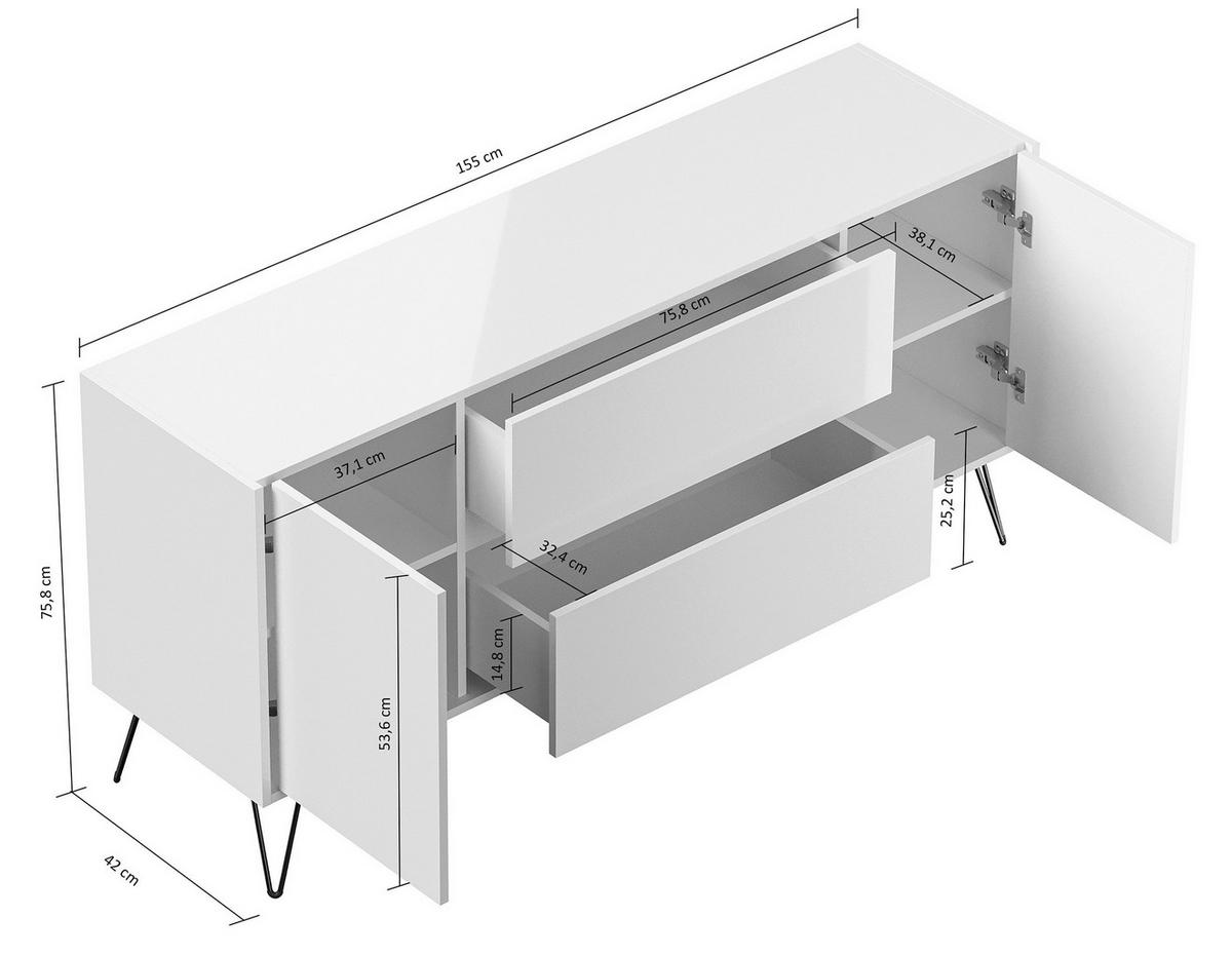 SIDEBOARD Posseik Industrial 155/75,8/42 cm 2 Schublade(n)  - Eichefarben/Graphitfarben, Design, Holzwerkstoff/Metall (155/75,8/42cm) - MID.YOU