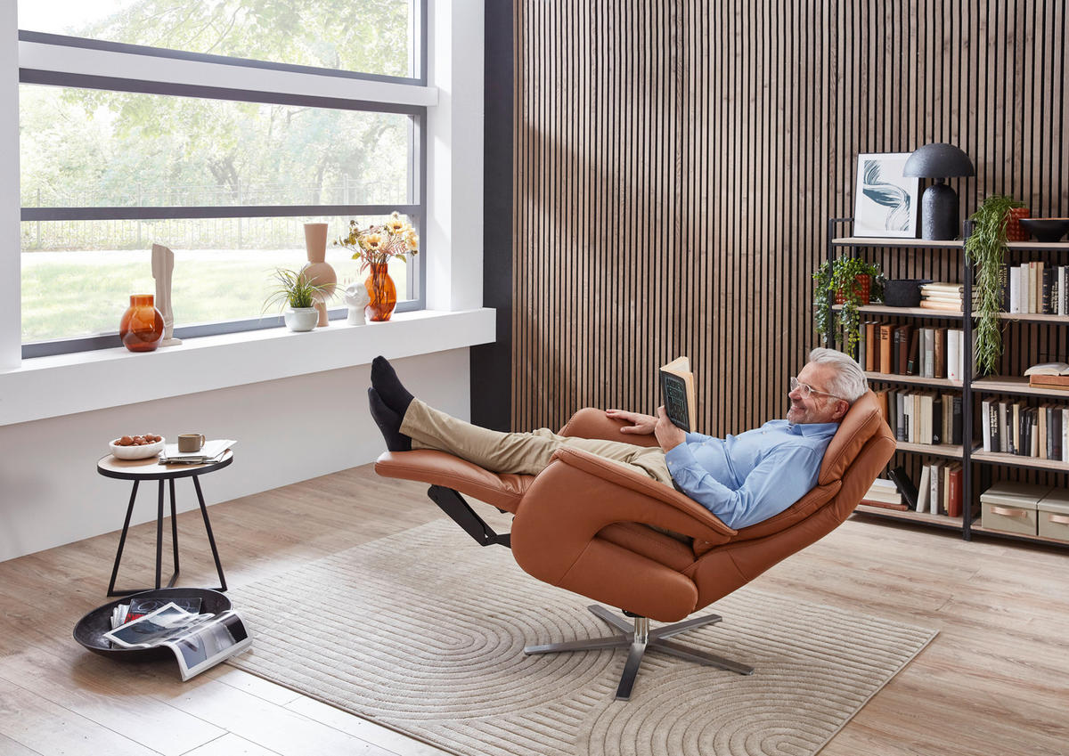 RELAXSESSEL in Leder Braun  - Edelstahlfarben/Braun, Design, Leder/Metall (70/124/85cm) - Cantus