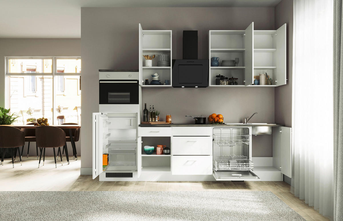KÜCHENBLOCK 280 cm   in Weiß  - Graubraun/Alufarben, KONVENTIONELL, Holzwerkstoff/Kunststoff (280cm) - FlexWell