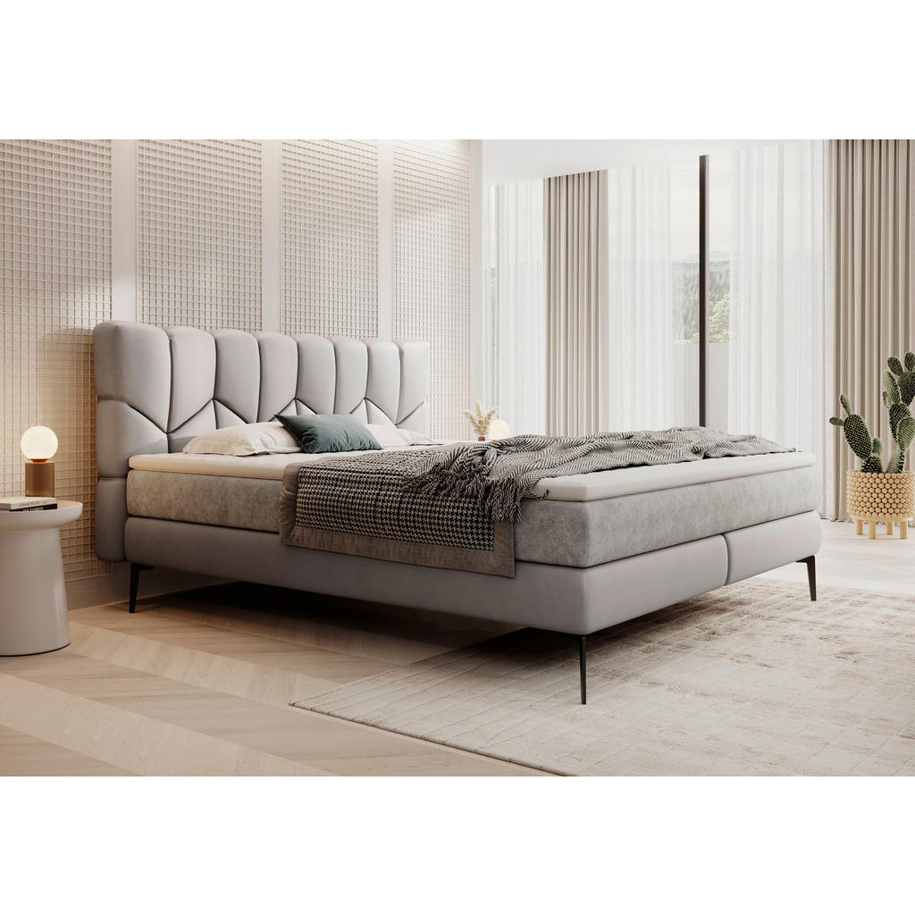 Thumbnail - Esposa Boxspringbett, Hellgrau, Textil, Kombination Echtleder/Stoff,Echtleder, Rindleder, H2 + H3, 7-Zonen, Höhe ca. 17,...