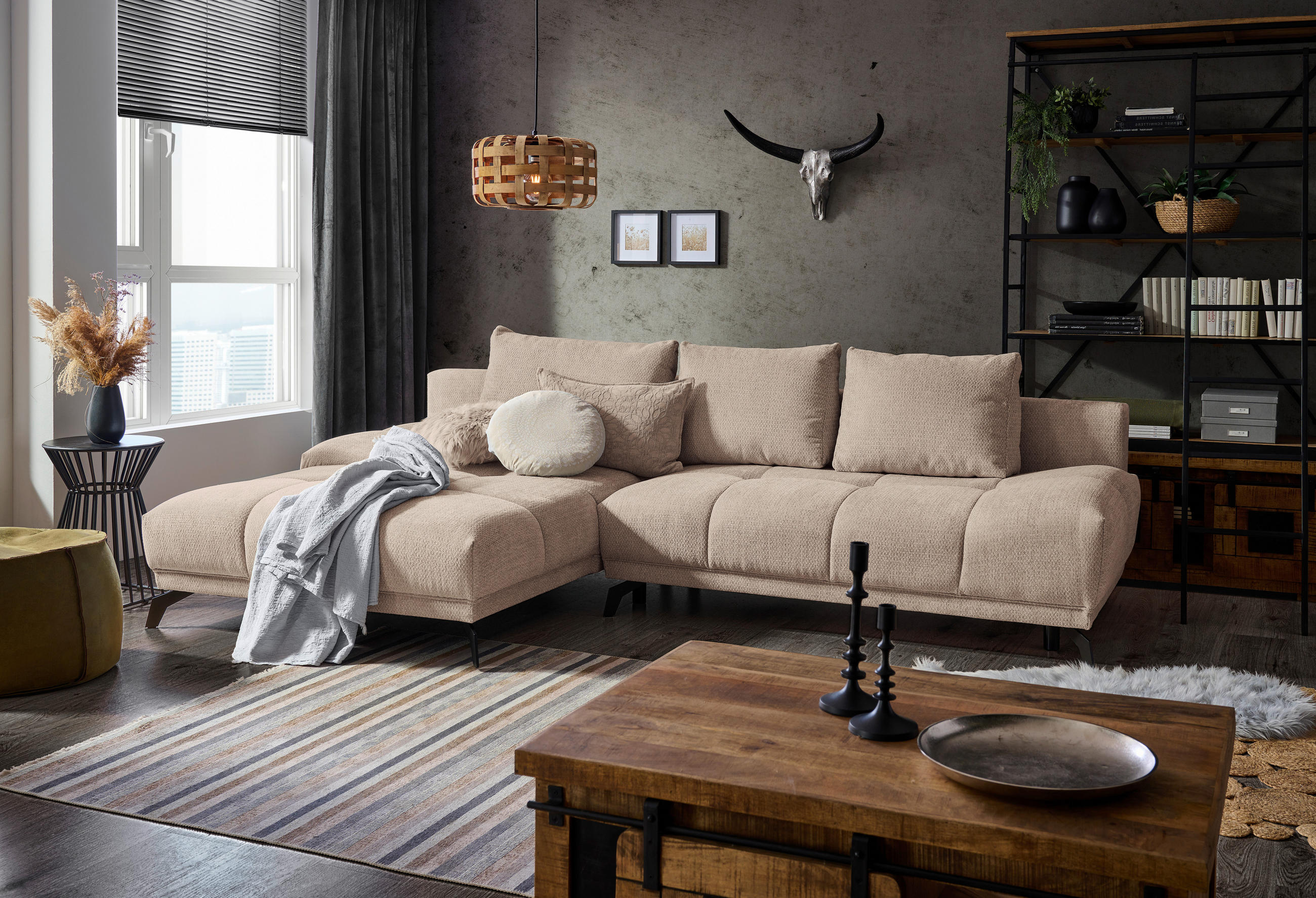 ECKSOFA Beige Chenille  - Beige/Schwarz, MODERN, Textil/Metall (182/290cm) - Hom`in