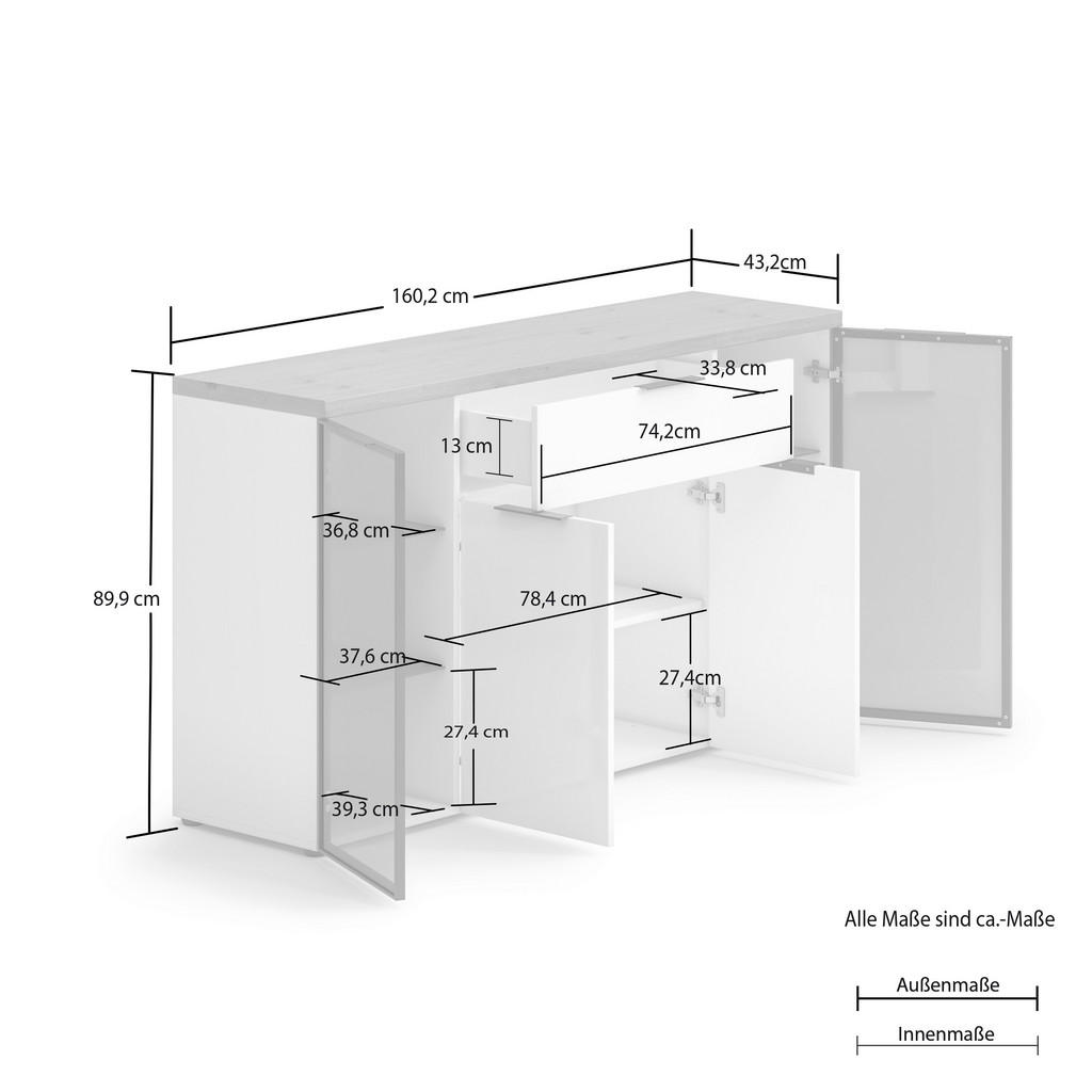 Thumbnail - Stylife Sideboard, Weiß, Eiche Artisan, Glas, Holzwerkstoff, 5 Fächer, 1 Schubladen, 160x90x43 cm, Beimöbel erhältlich, ...