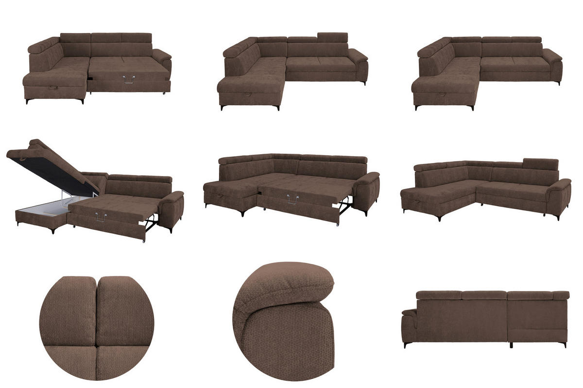 ECKSOFA Dunkelbraun Chenille Bettkasten, Schlaffunktion, Rücken echt, Kopfteilverstellung, Liegefläche im Originalstoff  - Dunkelbraun/Schwarz, KONVENTIONELL, Textil/Metall (206/265cm) - Carryhome