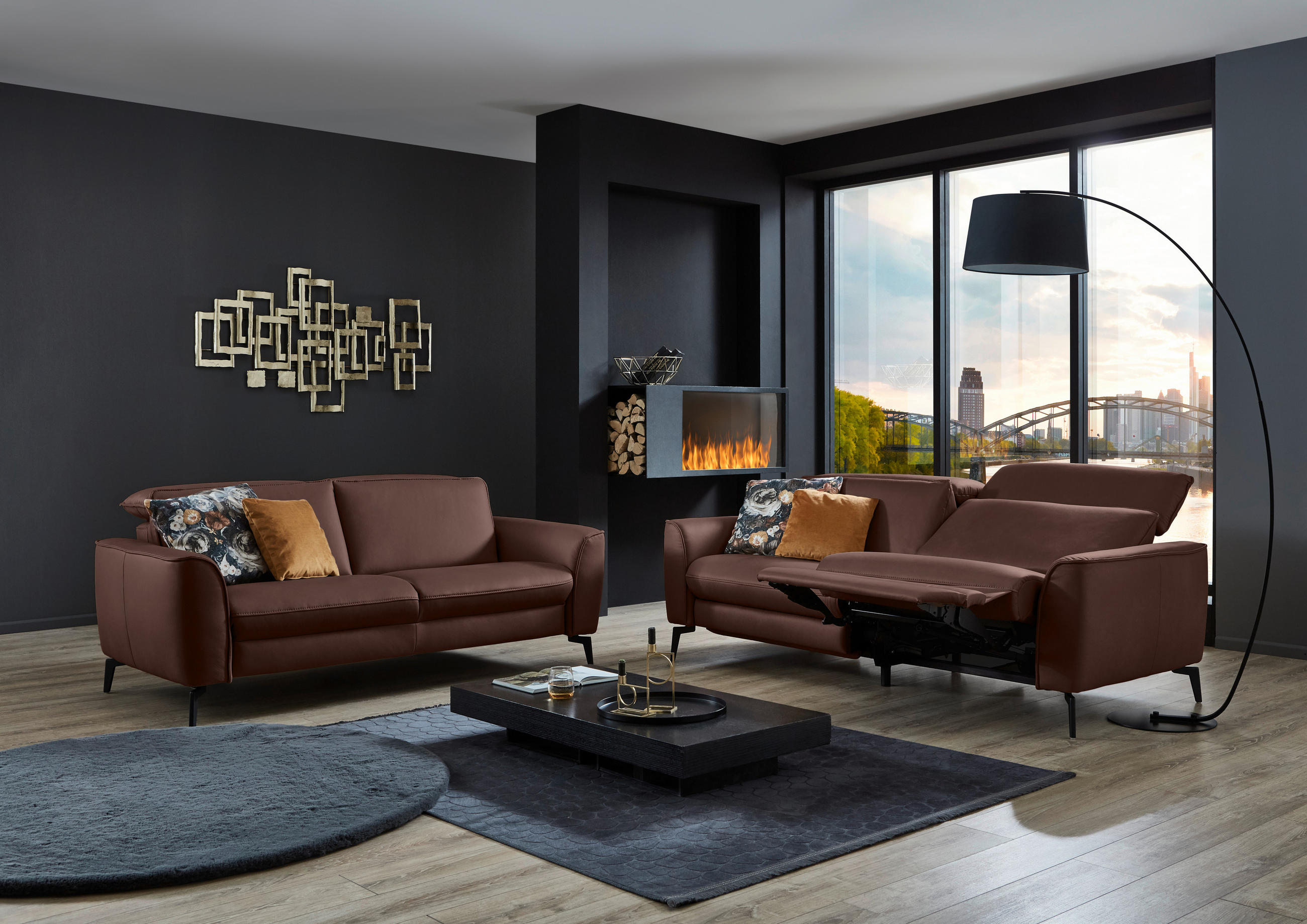 3-SITZER-SOFA in Leder Braun  - Schwarz/Braun, Natur, Leder/Metall (222/81/110cm) - Valdera