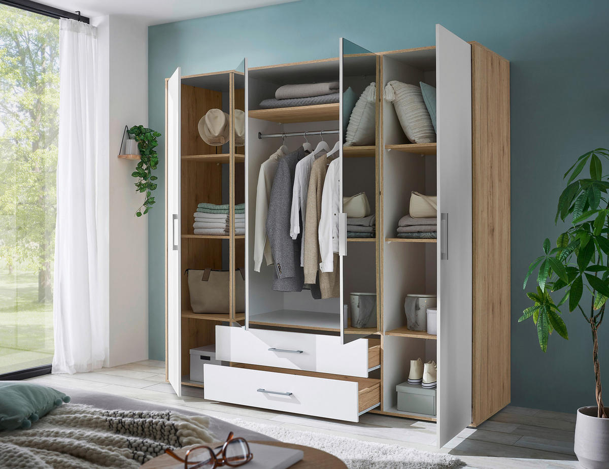 KLEIDERSCHRANK 206/195/60 cm 4-türig Weiß, Eiche Artisan  - Alufarben/Weiß, Basics, Glas/Holzwerkstoff (206/195/60cm)