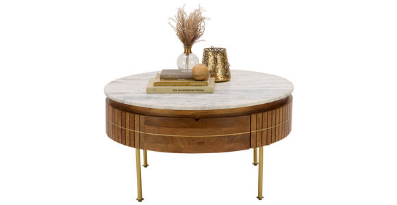 COUCHTISCH Marmor Mangoholz massiv 85/45/85 cm rund Naturfarben, Goldfarben - Goldfarben/Naturfarben, Design, Holz/Stein (85/45/85cm) - Novel