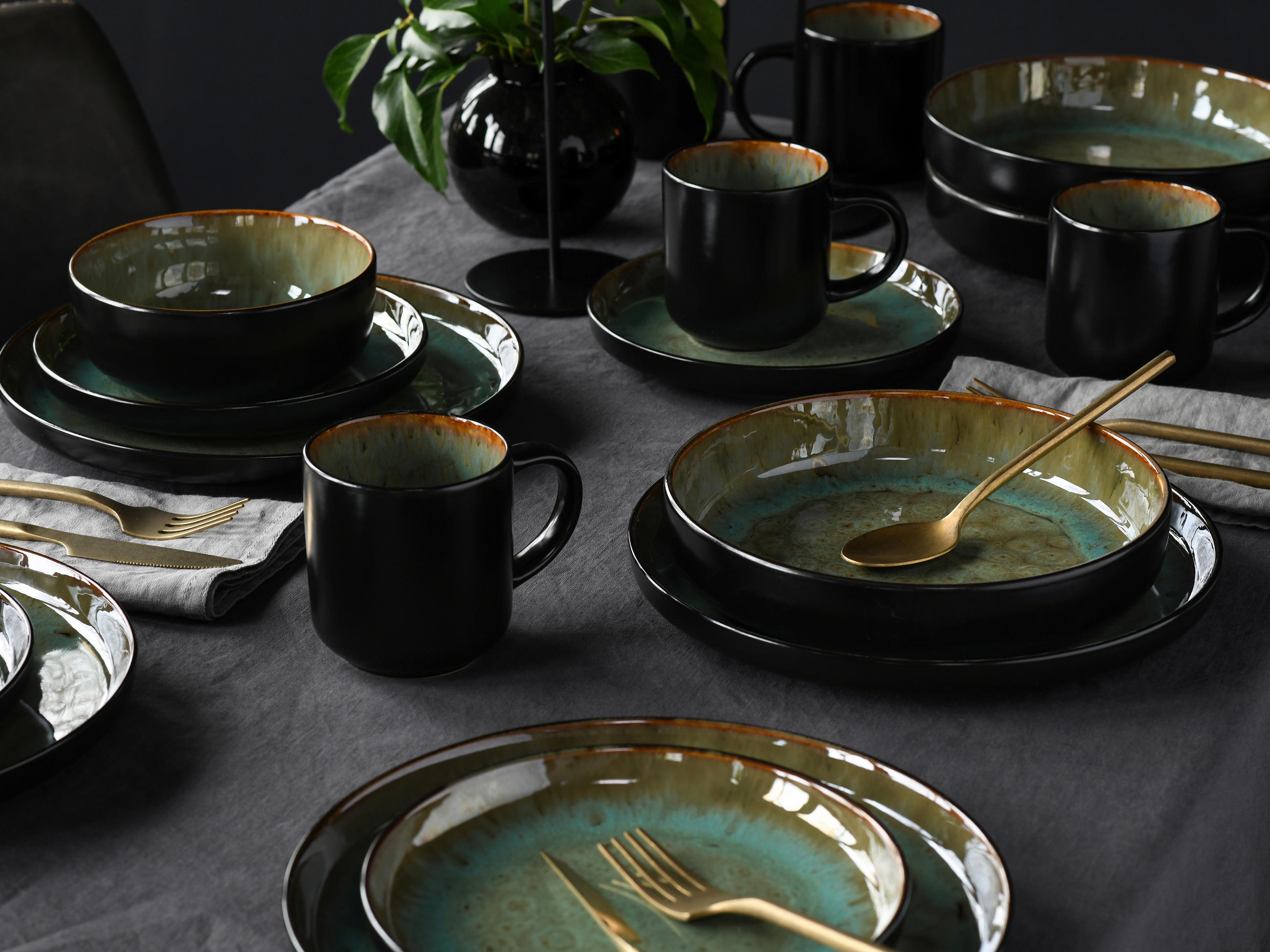 KOMBISERVICE Nordic Fjord Beige 16-teilig  - Schwarz/Grün, Basics, Keramik (38/31/38cm) - Creatable